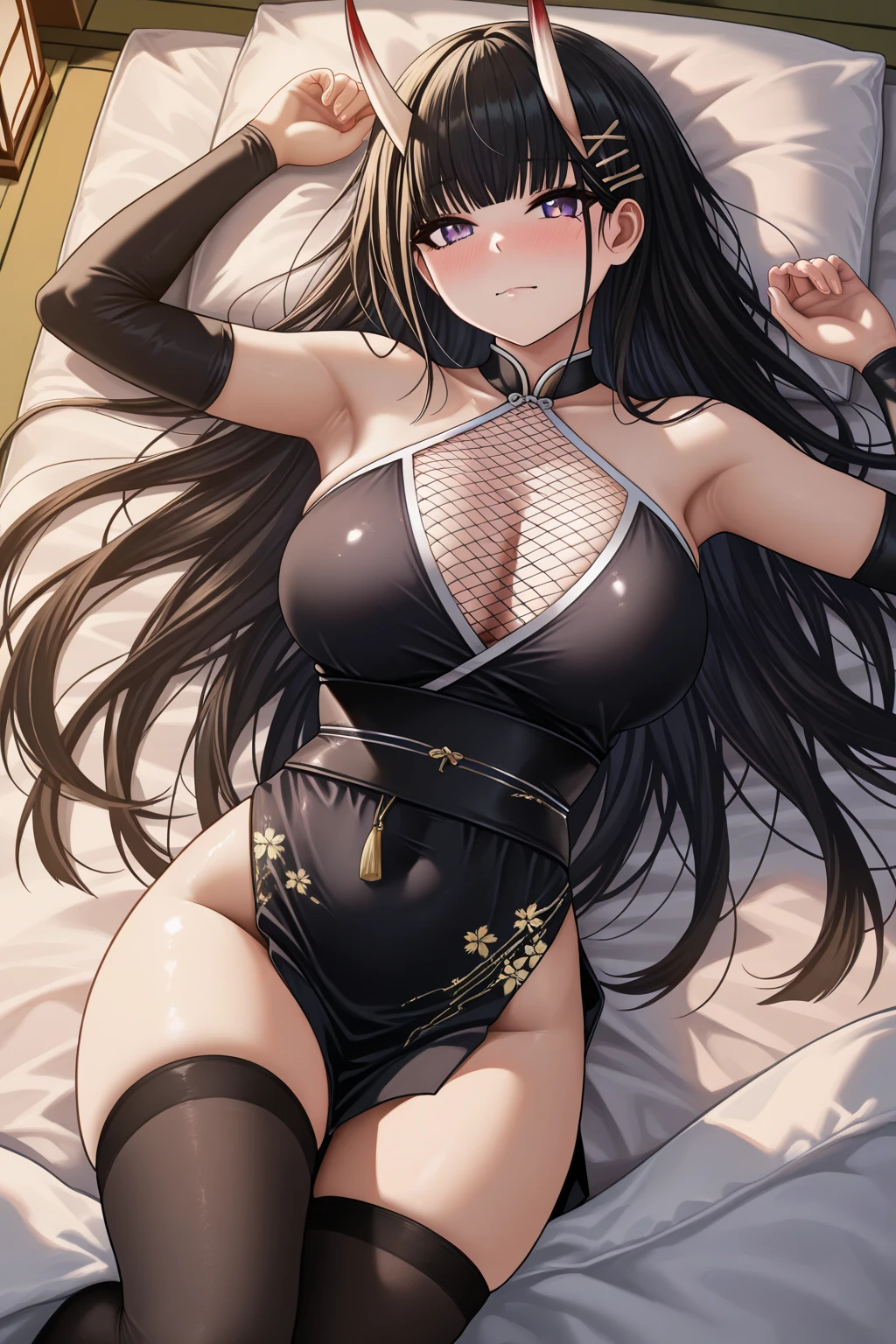 The theme is black、Anime style、Top image quality、hight resolution、​masterpiece、6headed body、(One lady)、(((Wearing black clothes、The chest is open、thighs thighs thighs thighs、sleeveless、Breasts are big)))、(black color santa、)、(((White fur)))、(big black santa hat)、(((The clothes are made of black leather)))、((Glossy leather))、(((collapse on your knees on the bed)))、Beautie、A slight smil、(Sweat on the face、Sweat on the body)、Refers to 5、(((white light in my eyes)))、Dye cheeks、Watching the viewer、