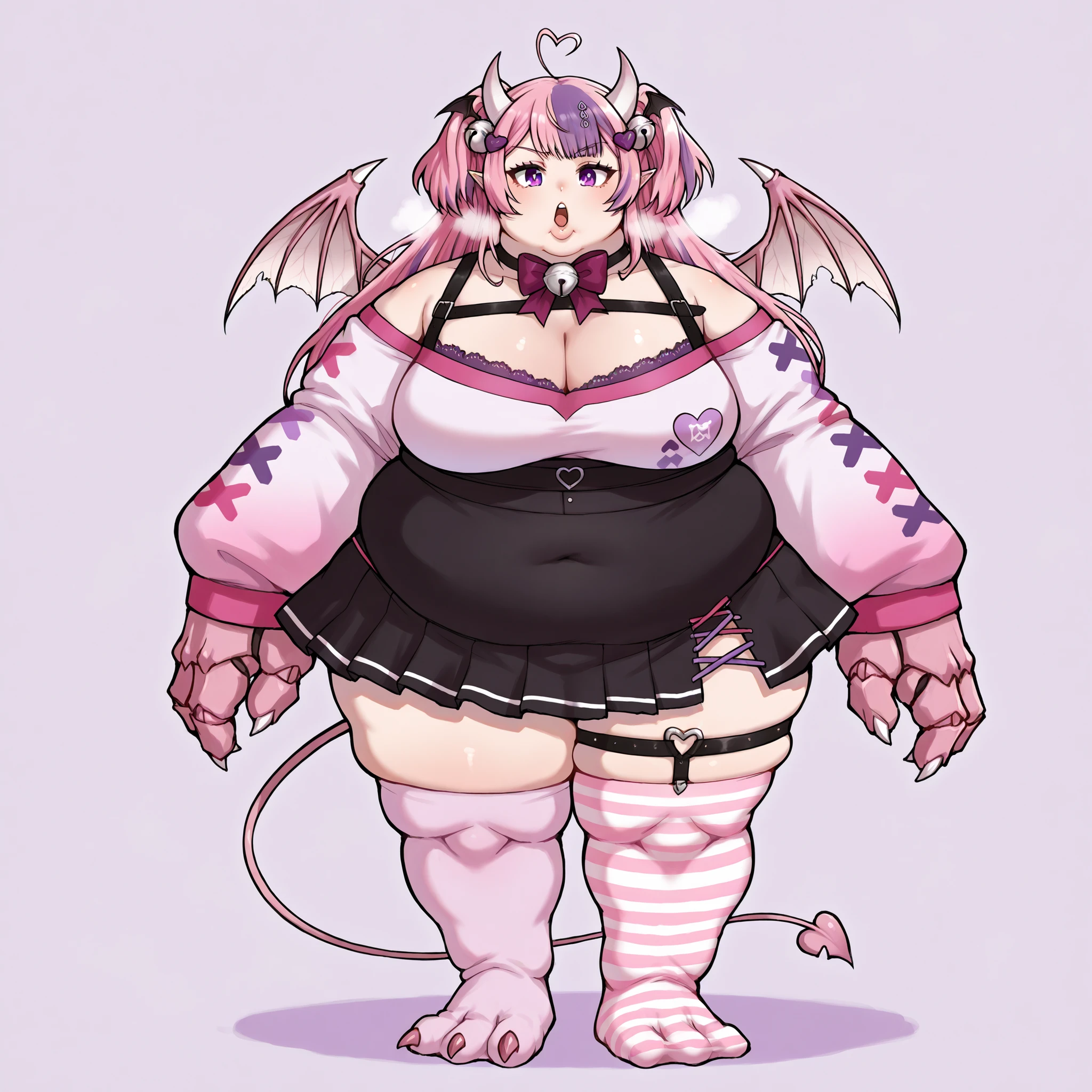 <lora:Ironmouse_XLPD:1>, IronmouseDefS2, purple eyes, demon horns, demon girl, demon tail, demon wings, heart hair ornament, heart ahoge, twintails, bangs, two side up, long hair, shirt, black skirt, bow, cleavage, bell, jingle bell, off shoulder, asymmetrical legwear, single thighhigh, pink thighhighs, thigh strap, detached sleeves, bowtie, big breasts open mouth, out of breath, Larger female, full body shot, only head, large head, oversized limbs, large hands, large feet, oversized feet, oversized fingers, big lips, plump lips, fat face, fupa, big fupa, fat fupa,