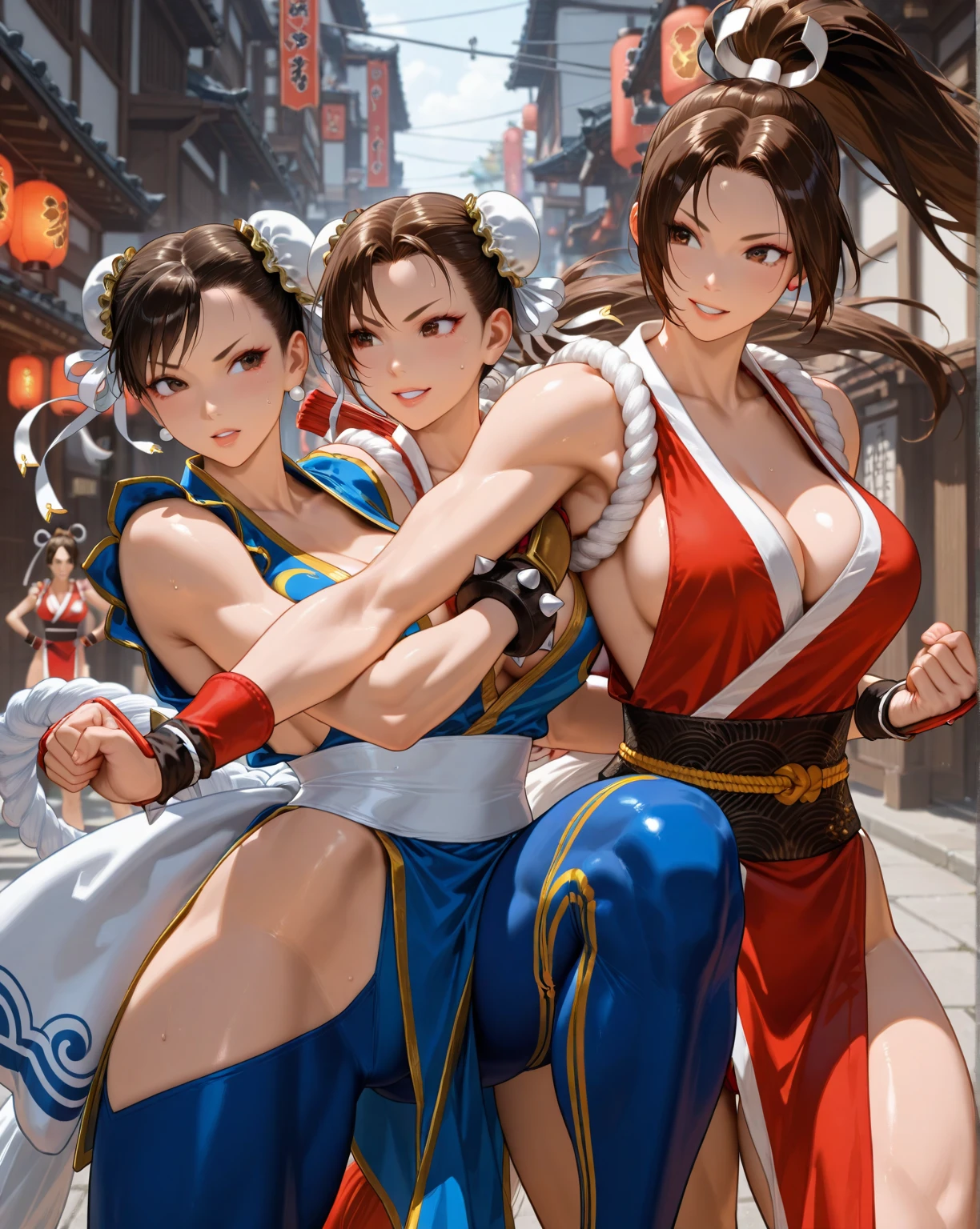 full body，shiranui mai，brown eyes, long hair, brown hair, white ribbon, sleeveless, ponytail, sash, pelvic curtain, arm guards, gloves, tabi,(8k+ultra high resolution+ultra high definition+masterpiece+Very detailed+Award-winning+The award-winning)),(perfect face+supermodel+Delicate skin+high ponytail+huge breasts+perfect hands+beautiful hands+perfect hands指+beautiful hands指+perfect legs+perfect feet),[[[muscle]]],(((anatomically correct))) ，The picture is extremely sharp，The details are meticulous，High-quality；Clever light handling，Create a dramatic atmosphere；Brushstroke Master，Impeccable professionalism，A haunting work of art。