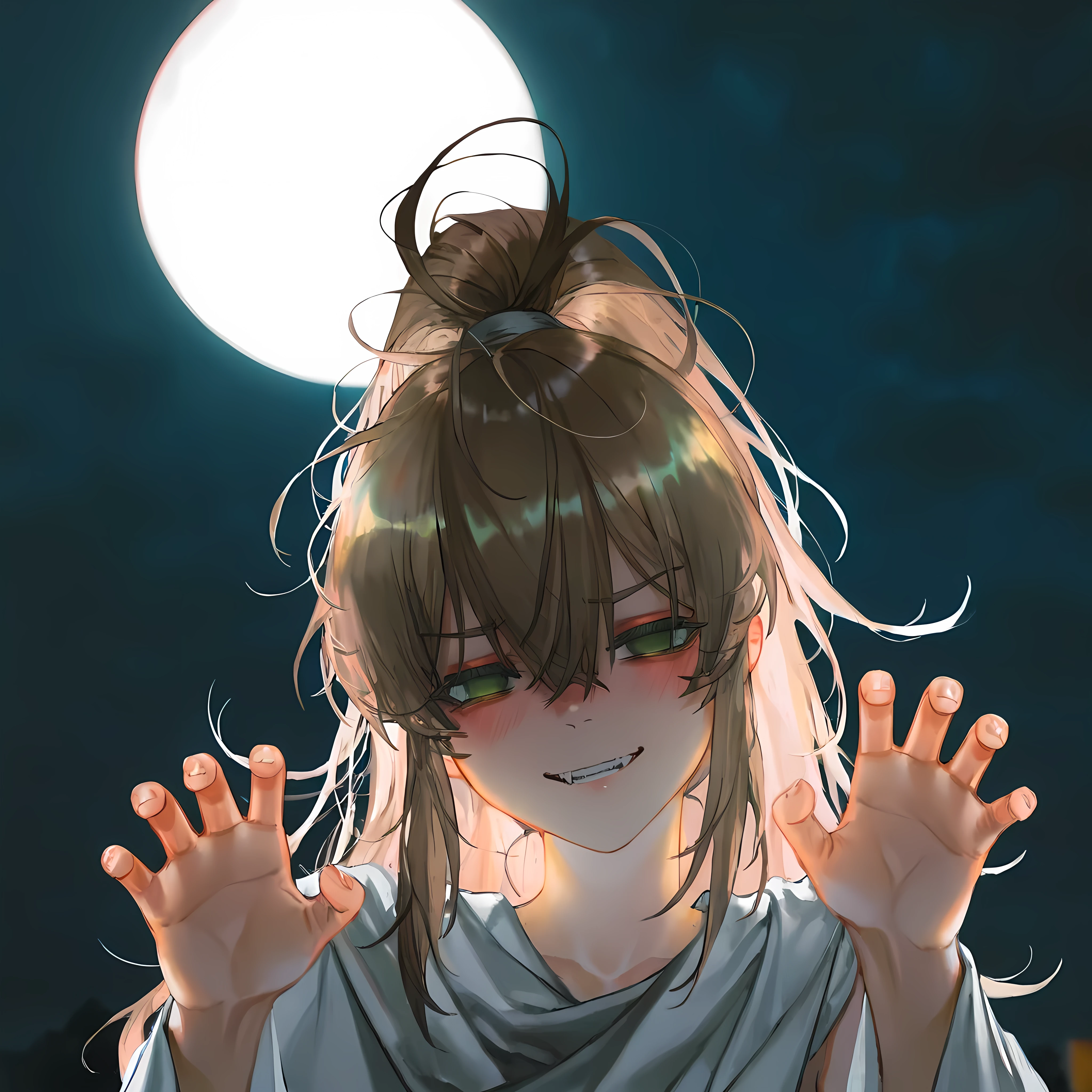 yiwujiu,(green eyes,Grumpy,scary face,teeth, blush face,very blush，claw pose，claw pose， blush),(light-brown hair,long hair,high ponytail:1.2,single ponytail),(Ethereal, Uncanny, Classic Horror, White Cloth, Draped Fabric, Cheesecloth, Burial Shroud, Messy Hair， Dusty Hair, Sunken Eyes, Bloodless Lips, Tombstones,  Dark Sky, Full Moon, Creepy, Dim Lighting, Low-Lying Mist, Blacklight, UV Light,tilt head),photo background,Visual impact,sharp focus,depth of field,(yoneyama mai:0.5),(quasarcake:0.4),line art,depth of field,(rei \(sanbonzakura\):0.8),(ciloranko:0.7),(artist:quasarcake:0.8),(wlop:0.7),extreme aesthetic,,ultra-high resolution,32K UHD,unconventional supreme masterpiece, high-end texture,masterful details,intricate details,high contrast,natural skin,official art,bust,face focus,zoom in ,from above,cute face,cool,emotionless,looking at viewers