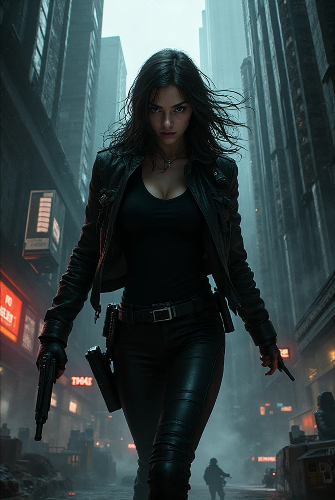 blade runner style city with a nocturnal vibe with Matrix-like aesthetic references, glowing huge clock tower as time machine, green glowing cascading code. At night, (1girl, solo, alone), photorealistic, medium-?????? slim:0.6 body, oval:0.5 face, cleavage:1.1, ???? black laced bra, miniskirt, white laced ?????, coat, (black micro sunglasses), (aiming with a short gun), (slightly leaning forward running pose), ((half-body thigh level medium shot)), cinematic lighting, ray tracing, radial zoom blurred background.