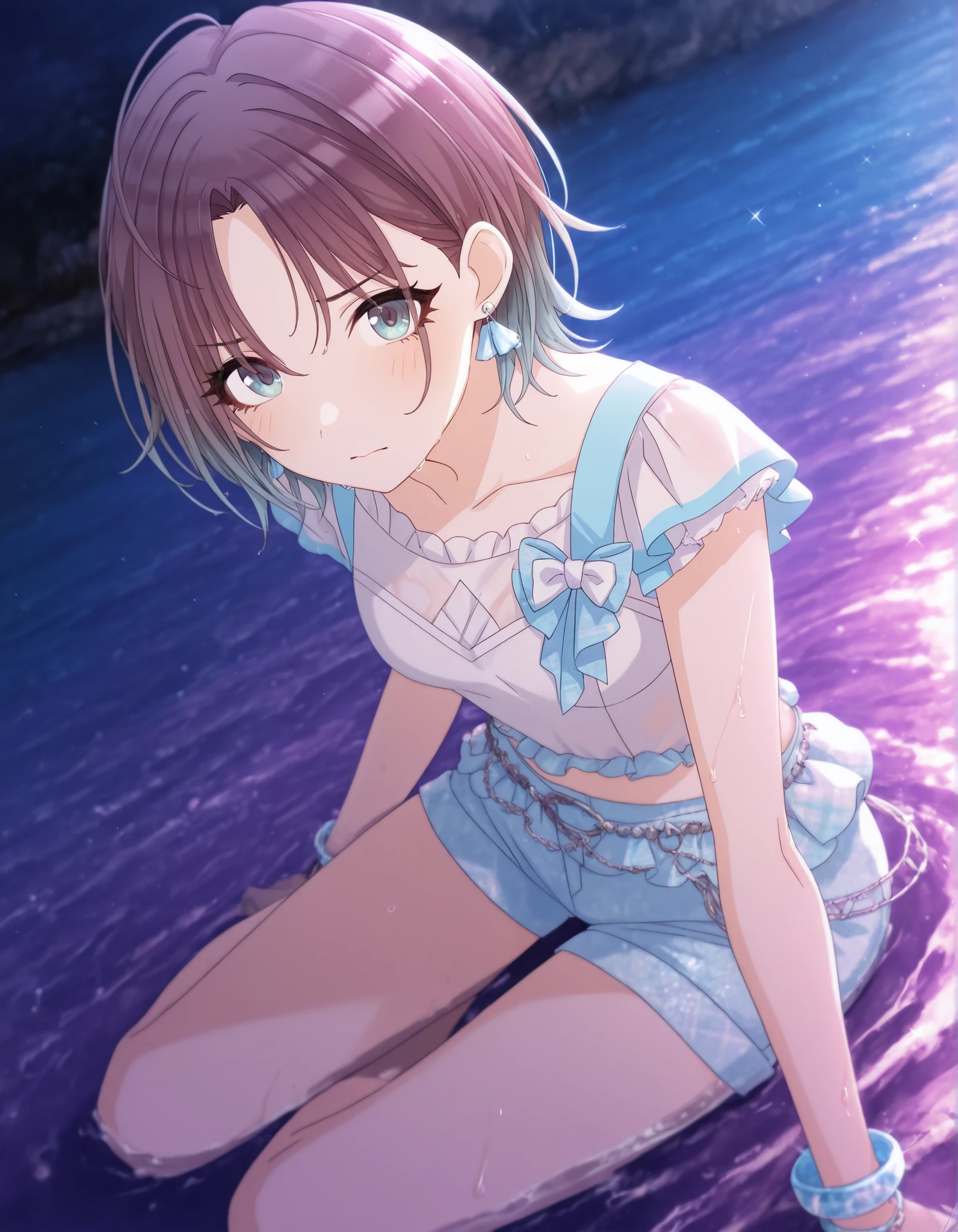  masterpiece,best quality, good quality, dark ,outdoors, ruin, ((cinematic light)) shanimas,  source_anime,asakura toru, short hair, brown hair, blue hair, blue eyes, ,from above, 1girl, solo, looking at viewer, ahoge, bracelet, earrings, (white shirt, light blue shorts, idol clothing), , parted bangs, bracelet, (small ), (slim arms), (dutch angle), yokozuwari, on water,(),see-through, , light embarrassed,(), wet body, , light embarrassed,  <lora:XL-Tomari-veryberry00-ILXL:1>, tomari-veryberry00-style,                                                                                                                                                        