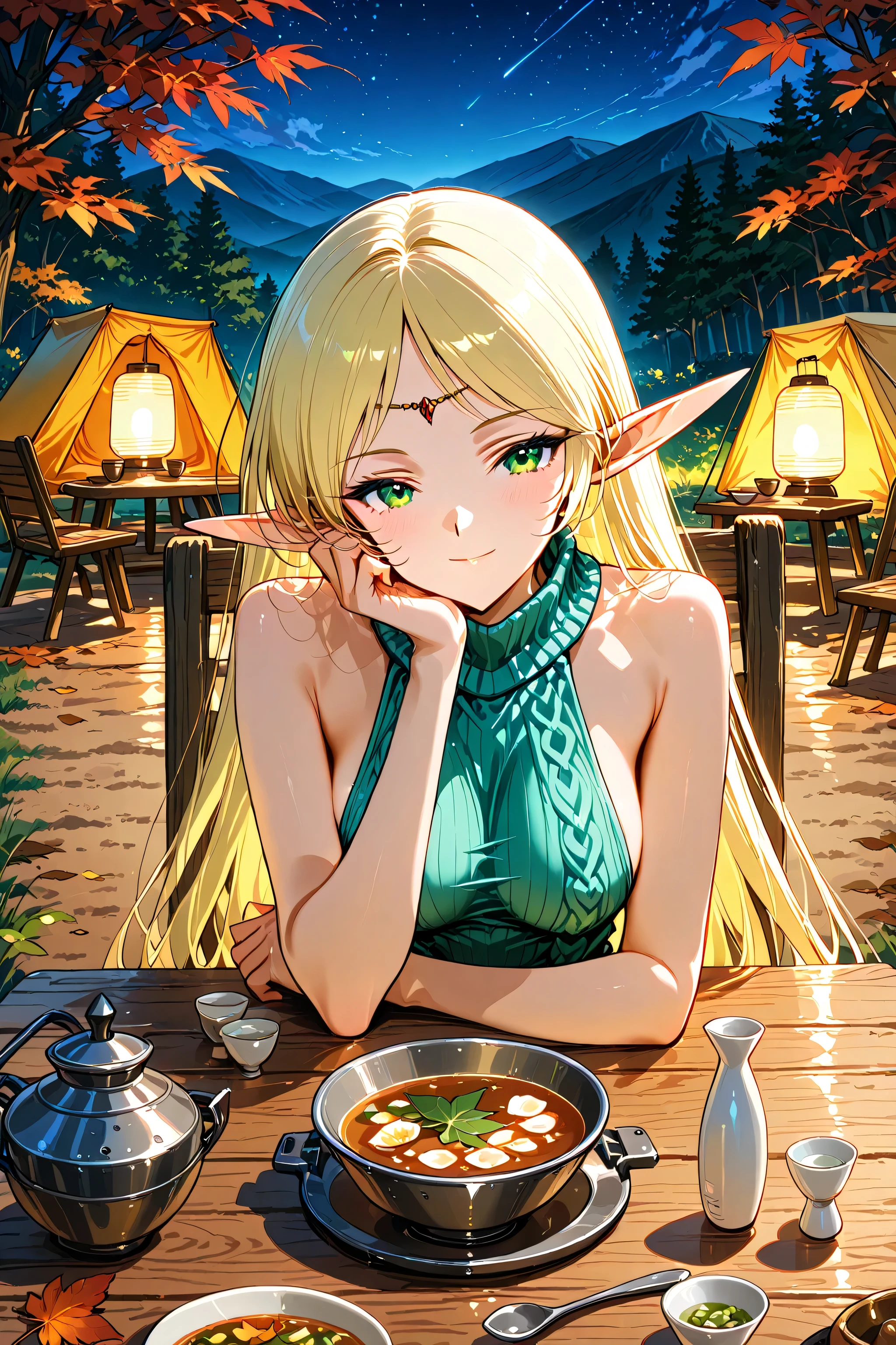 Deedlit, pointy ears, elf, blonde hair, green eyes,1girl, solo, camp, outdoors, autumn night, pov across table, looking at viewer, sake, tokkuri, choko (cup), virgin killer sweater, ribbed sweater, sideboob,  serene smile, soft rim lighting, warm firelight, moonlight, small tent, lantern light, metal pot with hot soup, spoon, outdoor table, wooden chair, fallen leaves, gentle breeze,  cozy and intimate scene, cinematic composition, soft shadows, detailed texture, calm expression, relaxed posture, warm color palette, peaceful atmosphere, quiet night under stars
