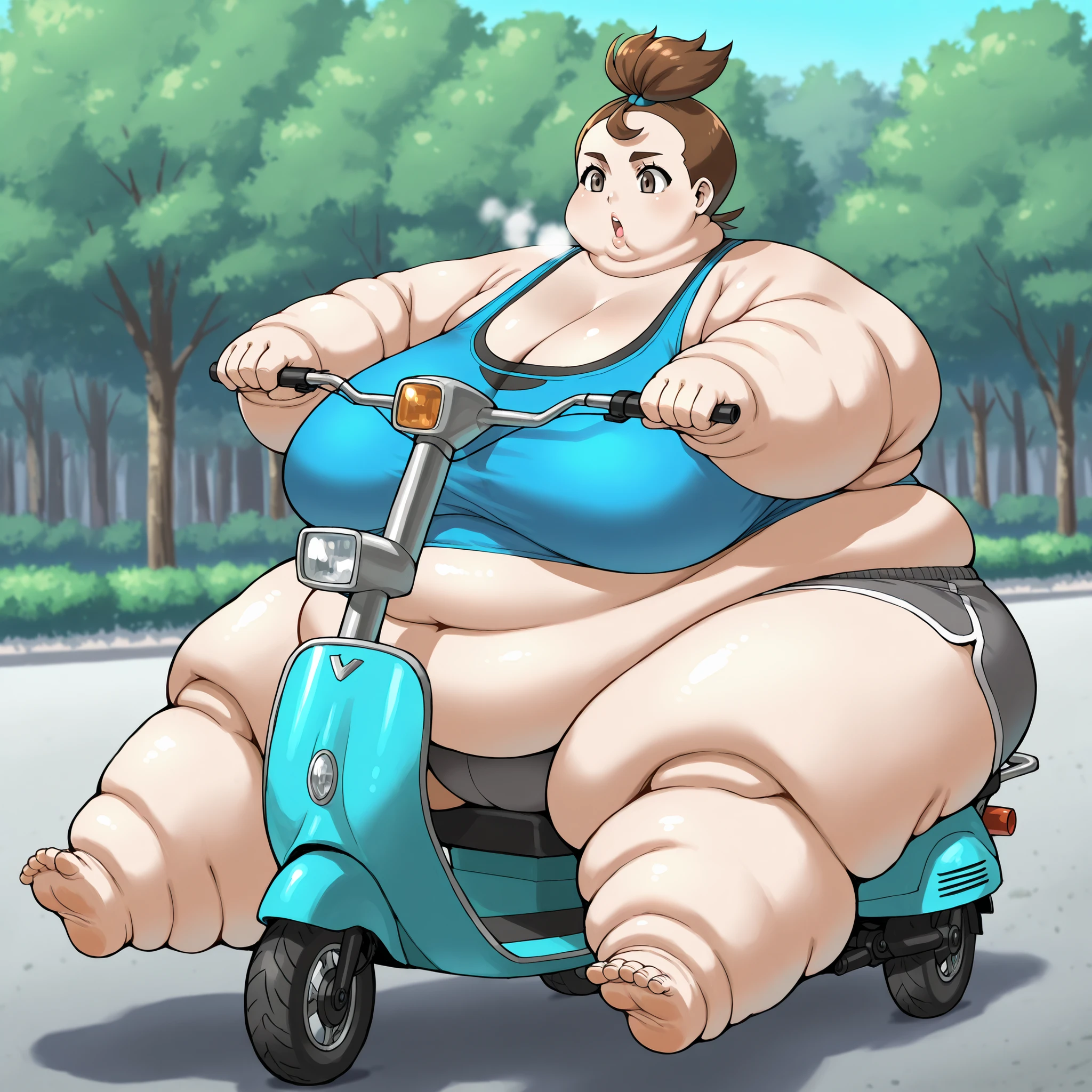 1girl, verity, very short hair, top knot, brown eyes, tank top, midriff, dolphin shorts, sitting on mobility scooter, using mobility scooter, fat, chubby, obese, fat neck, multiple chins, big breasts open mouth, out of breath, Larger female, full body shot, only head, large head, oversized limbs, large hands, large feet, oversized feet, oversized fingers, big lips, plump lips, fat face, fupa, big fupa, fat fupa, outside 
