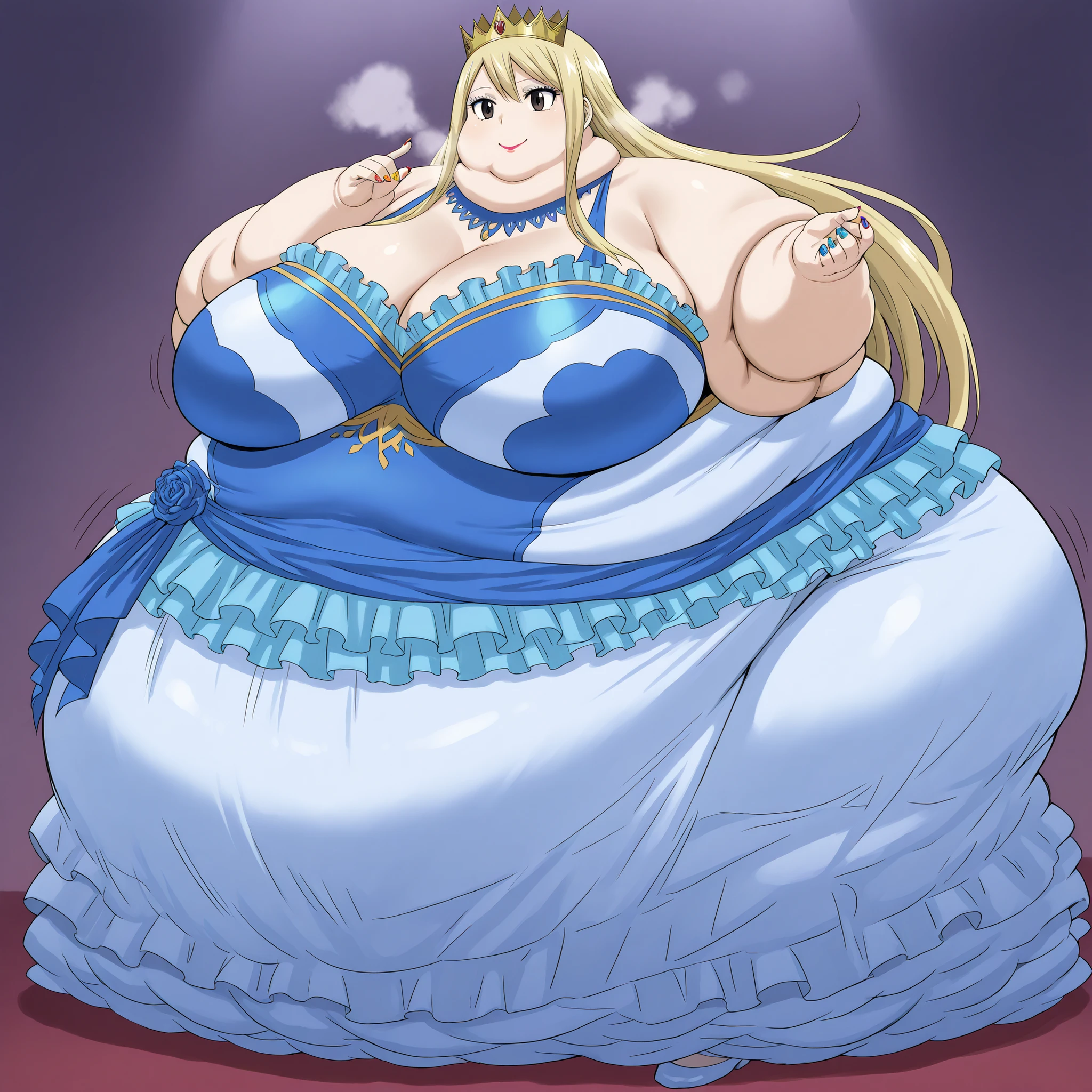lucy heartfilia, long hair, blonde hair, large breasts, brown eyes, smile, royalty, dress, crown, makeup, lipstick, painted nails, fat, chubby, obese, fat neck, multiple chins, big breast, out of breath, Larger female, full body shot, Extremely obese puffy puffy fat Body Length, side view