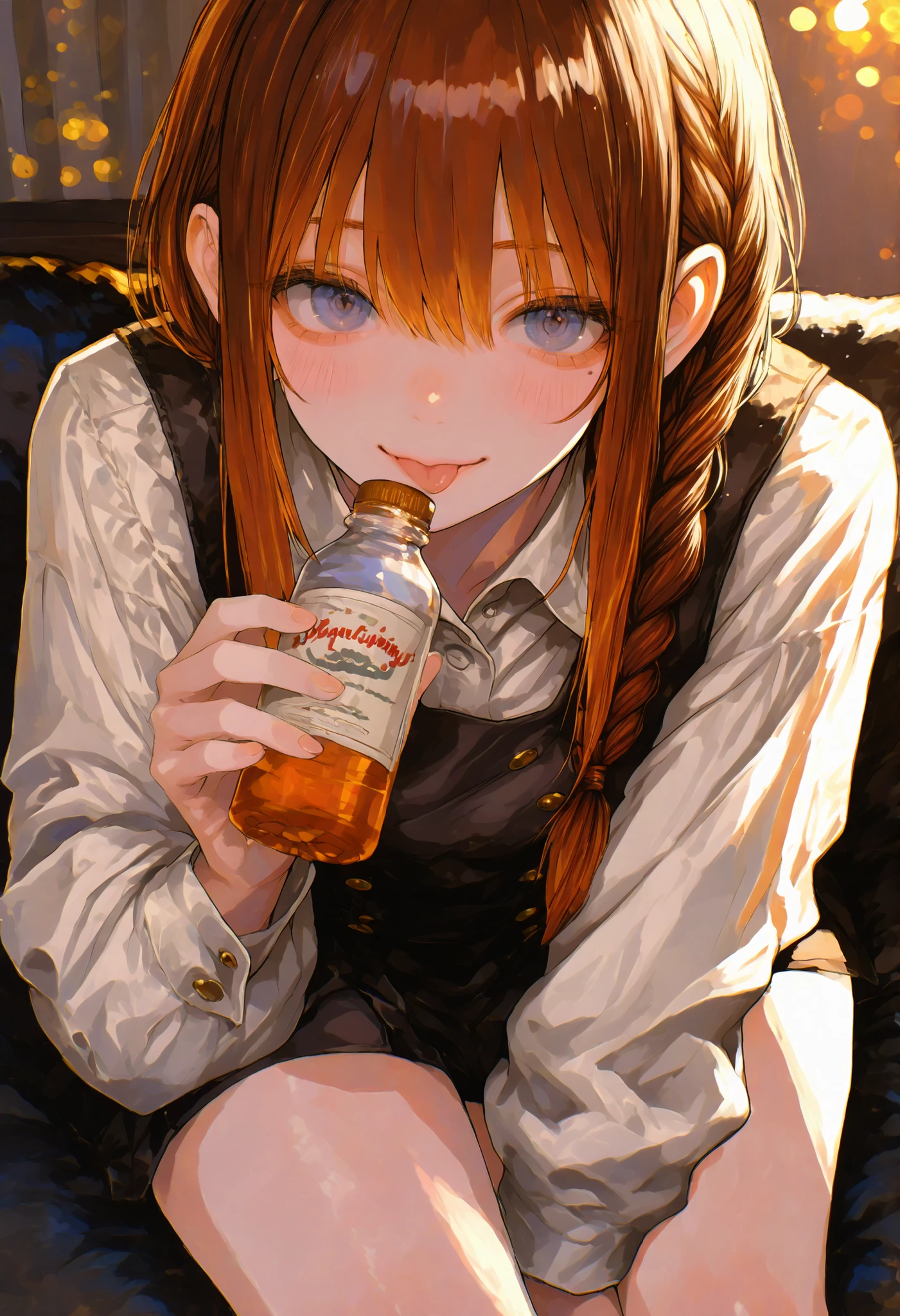 Robber Candy、I'm holding a bottle containing candy with both hands,((Beautiful girl))、Candy Aimer々、brown hair,shortcut,unkempt hair,Short braided hair,Neat,slender beauty,correct attitude,small breasted,beautiful legs,Her enchanting gray-blue eyes are shining like stars,Saggy Eyes,bright color,beautiful eyes,A delicate smile,Textured Skin,BEST QUALITY THE BEST,gentle and beautiful woman,anime style、4K ultra high definition、Realistic、As in the photo、Extreme Details、HDR、Studio Lighting、Delicate Paintings、in focus、physics-based rendering、Vivid Colors、bokeh、Dominant Red and Brown Tones