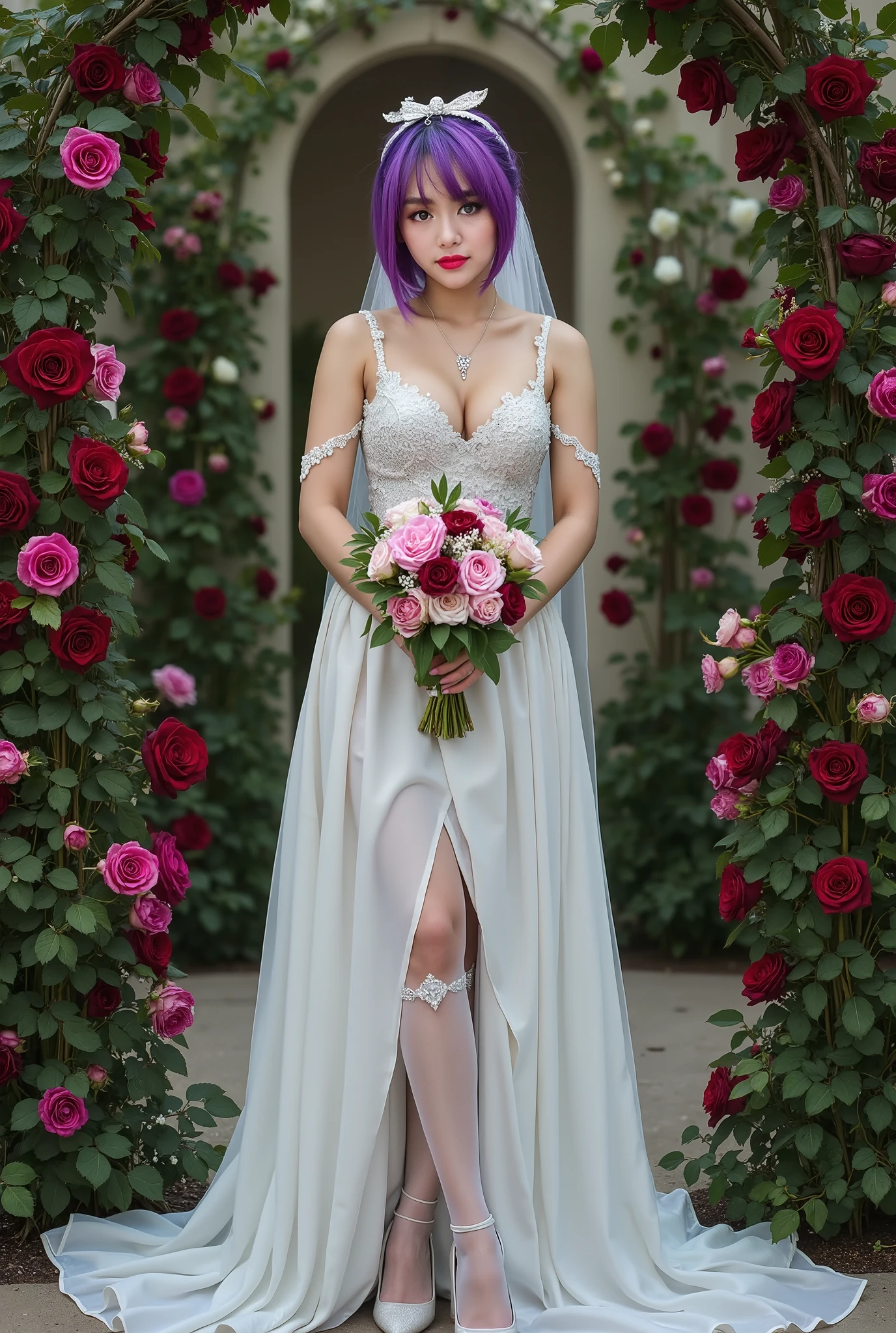A beautifully detailed 、High quality、Very high resolution、 Clear subject 、Excellent depth of field、Dynamic light、Vivid masterpiece from a shooting angle。A girl with purple hair,bouquet in hand,has fair skin,wears a long white wedding dress,Wear knee-length stockings,Shiny white lace stockings,with a bow on the head,with white ribbons,step on heels,Surrounded by flowers,Purple Eyes,wears a necklace and bracelet,alone,Surrounded by roses。
