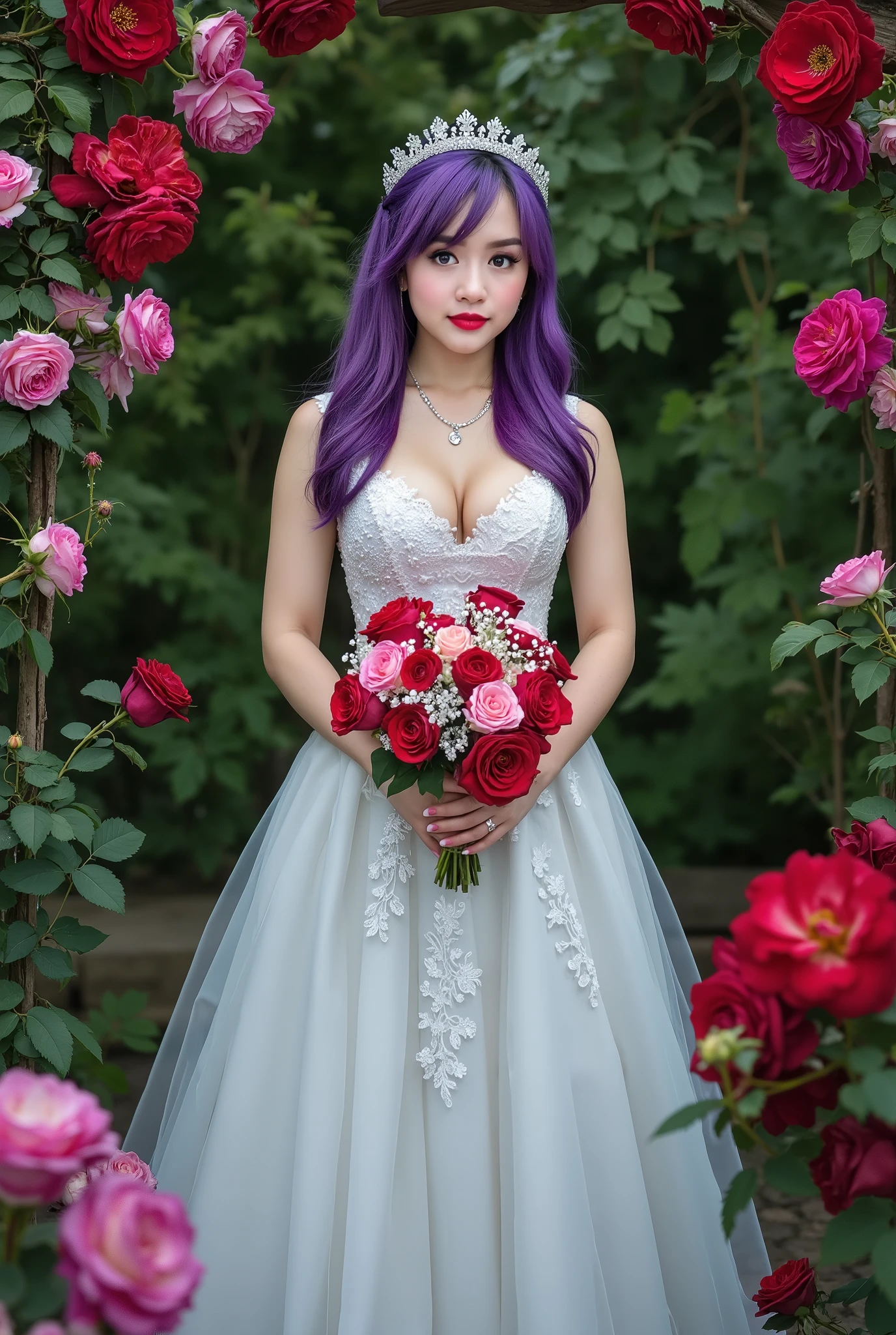  A beautifully detailed 、High quality、Very high resolution、 Clear subject 、Excellent depth of field、Dynamic light、Vivid masterpiece from a shooting angle。A girl with purple hair，bouquet in hand，has fair skin，wears a long white wedding dress，Wear knee-length stockings，Shiny white lace stockings，with a bow on the head，with white ribbons，step on heels，Surrounded by flowers，Purple Eyes，wears a necklace and bracelet，alone，Surrounded by roses。