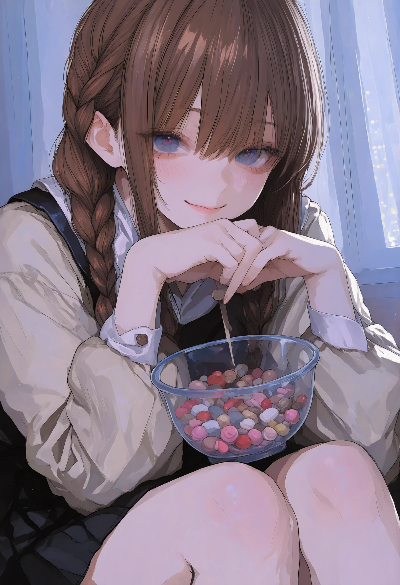 Robber Candy、candy in a transparent bowl,Holding a vessel with both hands,((Beautiful girl))、Candy Aimer々、brown hair,shortcut,unkempt hair,Short braided hair,Neat,slender beauty,correct attitude,small breasted,beautiful legs,Her enchanting gray-blue eyes are shining like stars,Saggy Eyes,bright color,beautiful eyes,A delicate smile,Textured Skin,BEST QUALITY THE BEST,gentle and beautiful woman,anime style、4K ultra high definition、Realistic、As in the photo、Extreme Details、HDR、Studio Lighting、Delicate Paintings、in focus、physics-based rendering、Vivid Colors、bokeh、Dominant Red and Brown Tones