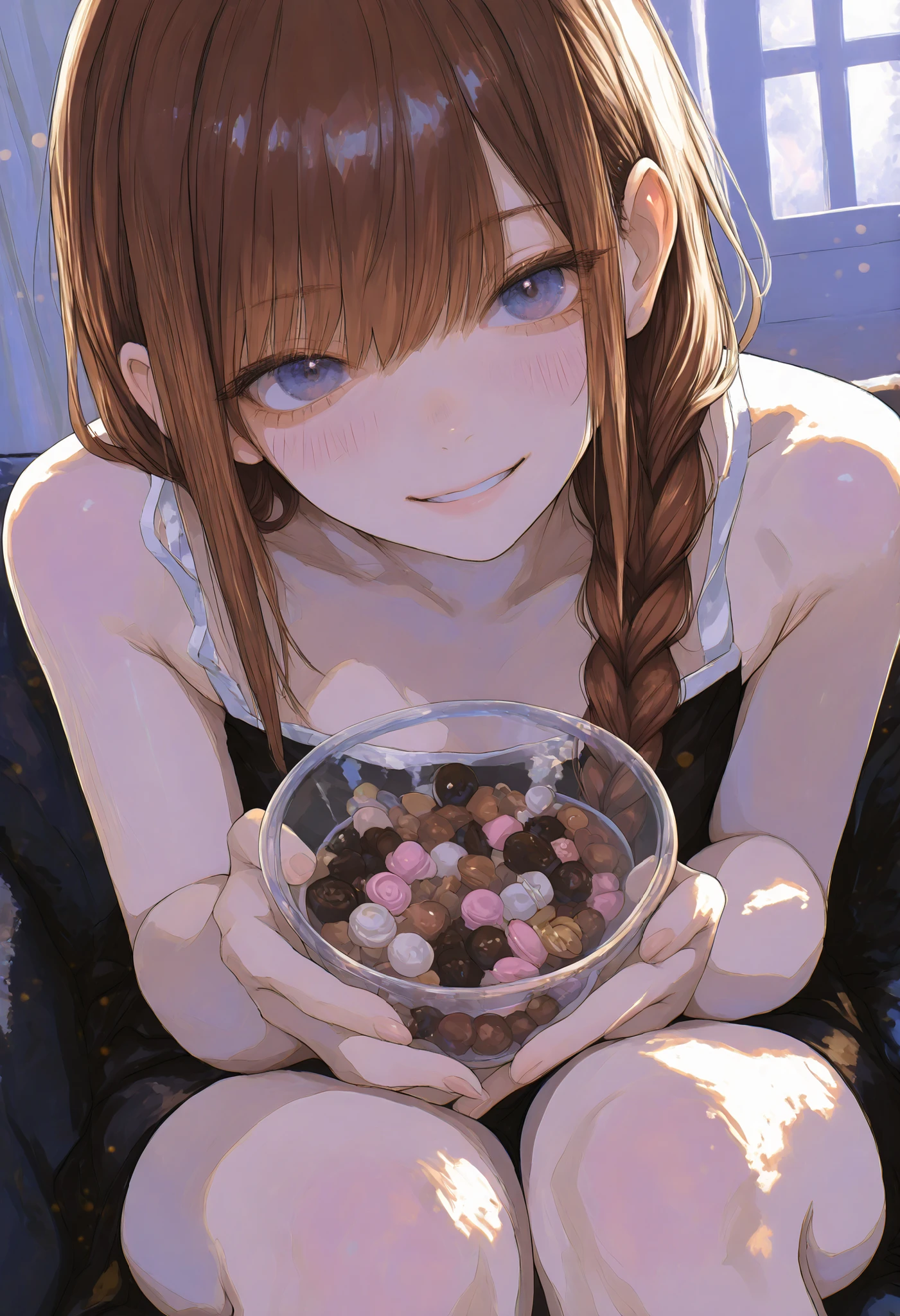 Robber Candy、candy in a transparent bowl,Holding a vessel with both hands,((Beautiful girl))、Candy Aimer々、brown hair,shortcut,unkempt hair,Short braided hair,Neat,slender beauty,correct attitude,small breasted,beautiful legs,Her enchanting gray-blue eyes are shining like stars,Saggy Eyes,bright color,beautiful eyes,A delicate smile,Textured Skin,BEST QUALITY THE BEST,gentle and beautiful woman,anime style、4K ultra high definition、Realistic、As in the photo、Extreme Details、HDR、Studio Lighting、Delicate Paintings、in focus、physics-based rendering、Vivid Colors、bokeh、Dominant Red and Brown Tones