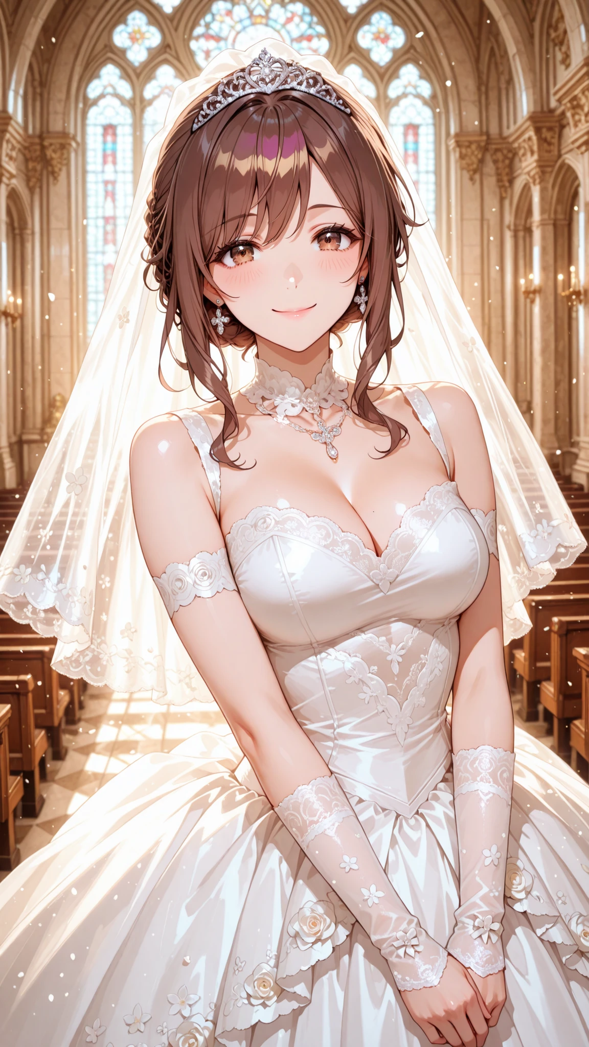 Highest Quality, masterpiece, Like a Picture, pinkish brown hair, pure white wedding dress, radiant smile,  frill lace, tiara, Bride's Finish,  Chapel Background 