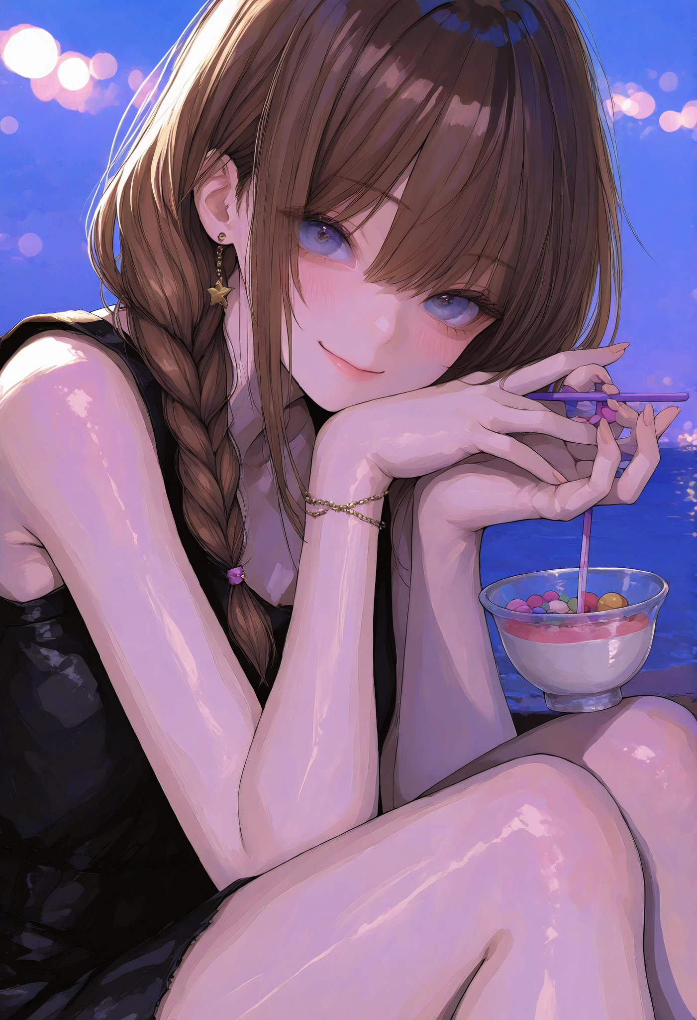 Robber Candy、candy in a transparent bowl,Holding a vessel with both hands,((Beautiful girl))、Colorful Candy,Candy Aimer々、brown hair,shortcut,unkempt hair,Short braided hair,Neat,slender beauty,correct attitude,small breasted,beautiful legs,Her enchanting gray-blue eyes are shining like stars,Saggy Eyes,bright color,beautiful eyes,A delicate smile,Textured Skin,BEST QUALITY THE BEST,gentle and beautiful woman,anime style、4K ultra high definition、Realistic、As in the photo、Extreme Details、HDR、Studio Lighting、Delicate Paintings、in focus、physics-based rendering、Vivid Colors、bokeh、Dominant Red and Brown Tones