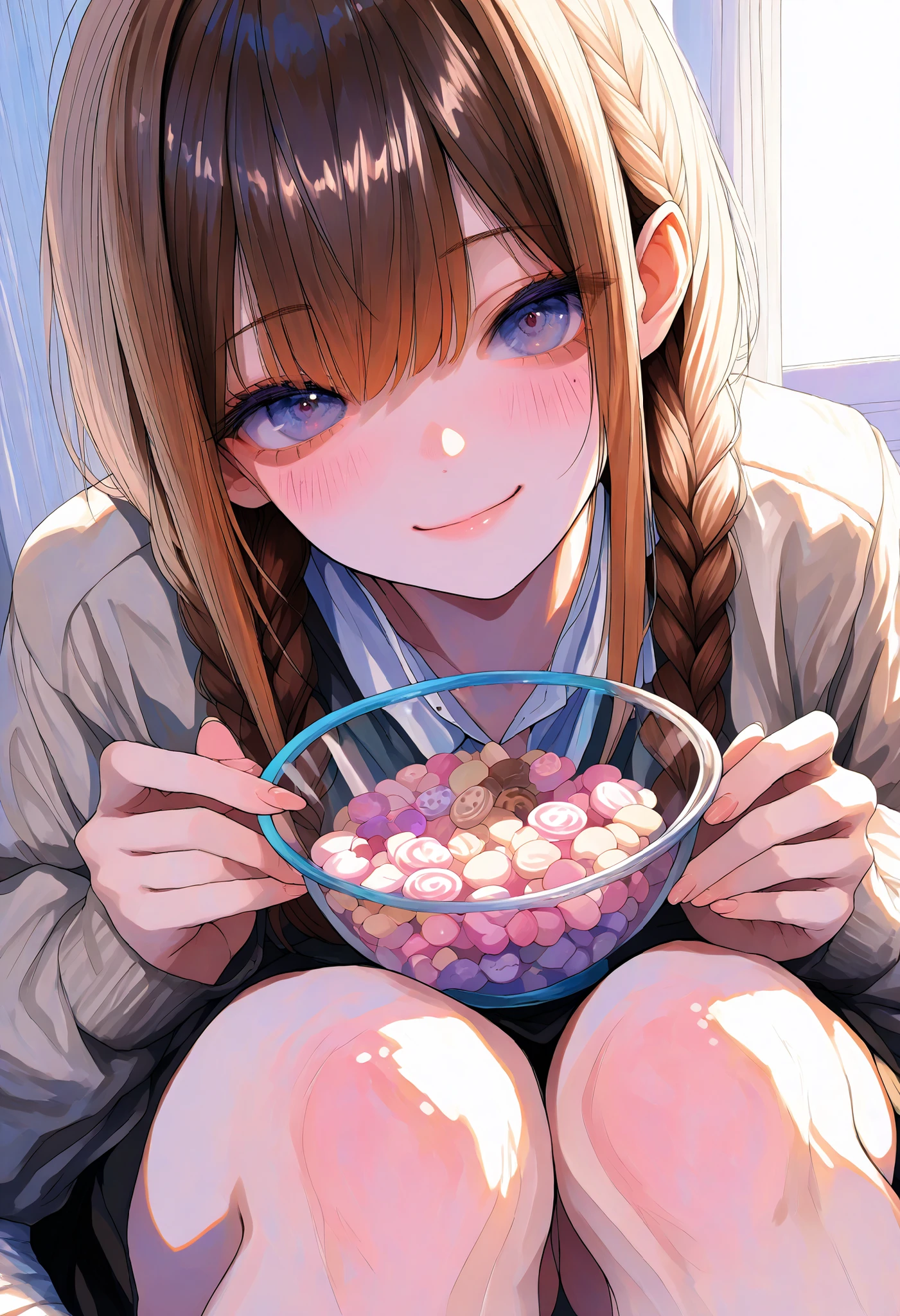 Robber Candy、candy in a transparent bowl,Holding a vessel with both hands,((Beautiful girl))、Colorful Candy,Candy Aimer々、brown hair,shortcut,unkempt hair,Short braided hair,Neat,slender beauty,correct attitude,small breasted,beautiful legs,Her enchanting gray-blue eyes are shining like stars,Saggy Eyes,bright color,beautiful eyes,A delicate smile,Textured Skin,BEST QUALITY THE BEST,gentle and beautiful woman,anime style、4K ultra high definition、Realistic、As in the photo、Extreme Details、HDR、Studio Lighting、Delicate Paintings、in focus、physics-based rendering、Vivid Colors、bokeh、Dominant Red and Brown Tones