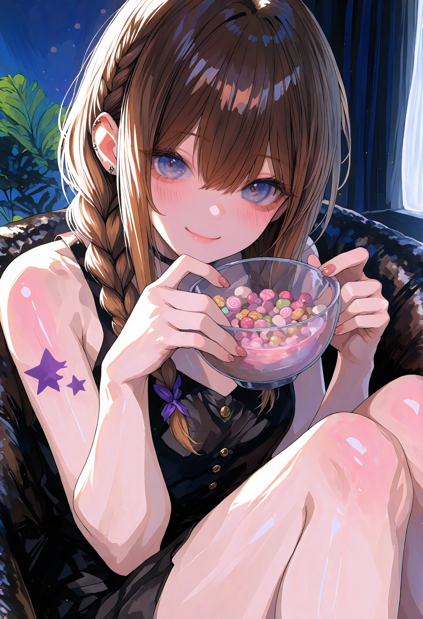 Robber Candy、candy in a transparent bowl,Holding a vessel with both hands,((Beautiful girl))、Colorful Candy,Candy Aimer々、brown hair,shortcut,unkempt hair,Short braided hair,Neat,slender beauty,correct attitude,small breasted,beautiful legs,Her enchanting gray-blue eyes are shining like stars,Saggy Eyes,bright color,beautiful eyes,A delicate smile,Textured Skin,BEST QUALITY THE BEST,gentle and beautiful woman,anime style、4K ultra high definition、Realistic、As in the photo、Extreme Details、HDR、Studio Lighting、Delicate Paintings、in focus、physics-based rendering、Vivid Colors、bokeh、Dominant Red and Brown Tones