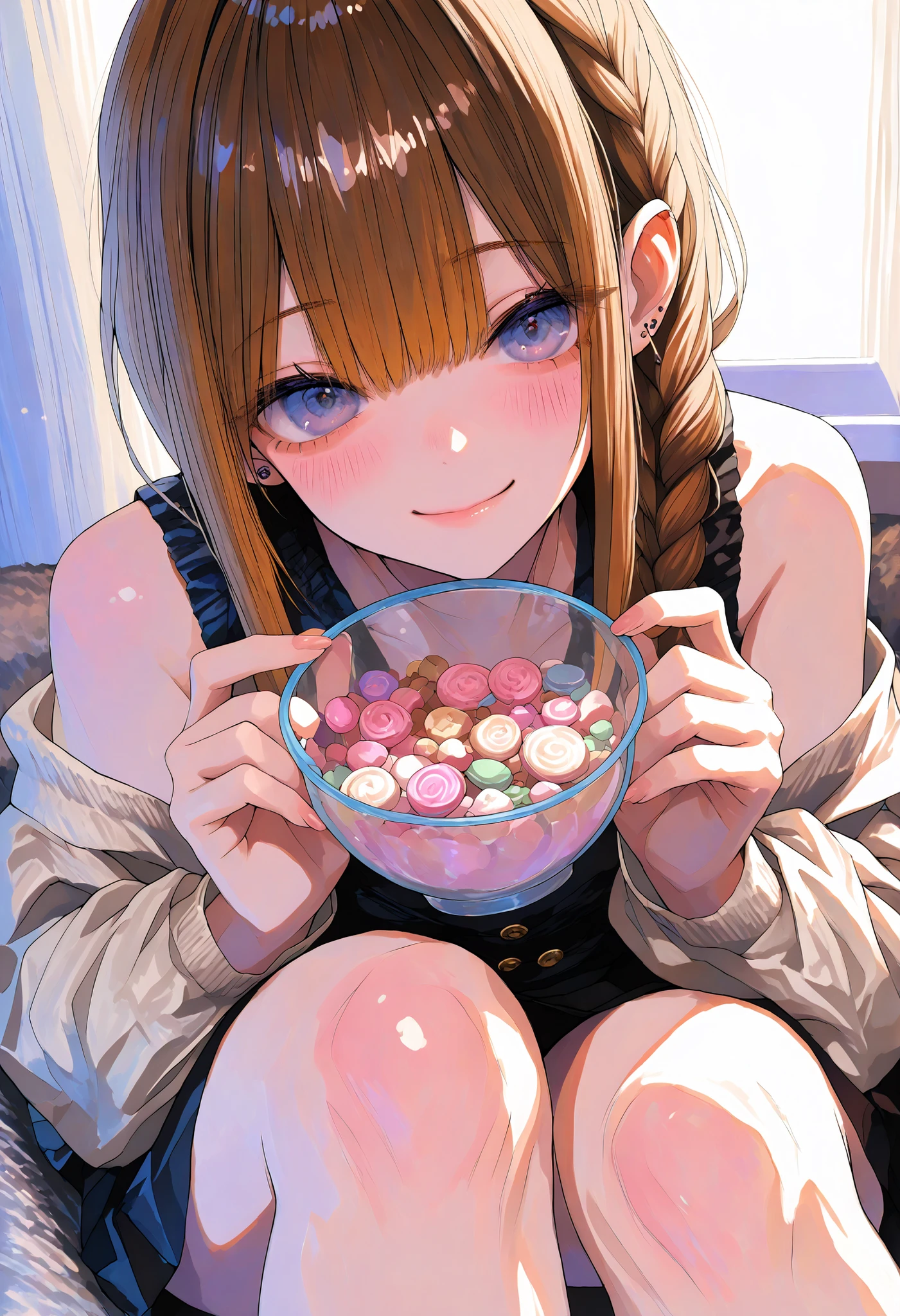 Robber Candy、candy in a transparent bowl,Holding a vessel with both hands,((Beautiful girl))、Colorful Candy,Candy Aimer々、brown hair,shortcut,unkempt hair,Short braided hair,Neat,slender beauty,correct attitude,small breasted,beautiful legs,Her enchanting gray-blue eyes are shining like stars,Saggy Eyes,bright color,beautiful eyes,A delicate smile,Textured Skin,BEST QUALITY THE BEST,gentle and beautiful woman,anime style、4K ultra high definition、Realistic、As in the photo、Extreme Details、HDR、Studio Lighting、Delicate Paintings、in focus、physics-based rendering、Vivid Colors、bokeh、Dominant Red and Brown Tones