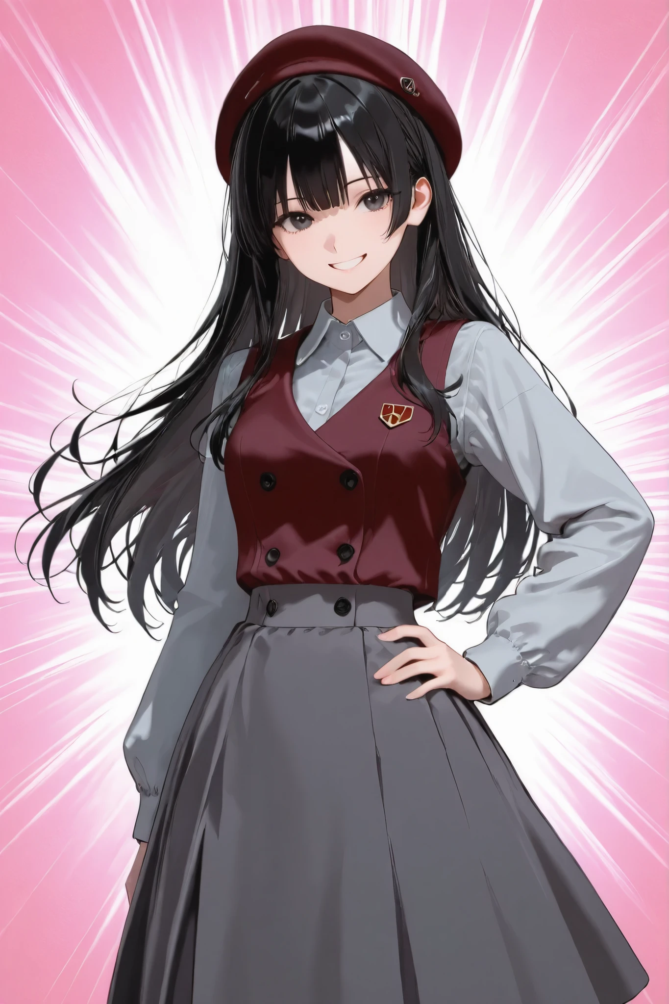 1 girl, long black hair, wearing a maroon beret, collared shirt, long sleeves, maroon vest, grey midi skirt. Standing with one hand on her hip, smiling softly. Standing in front of a blank white background