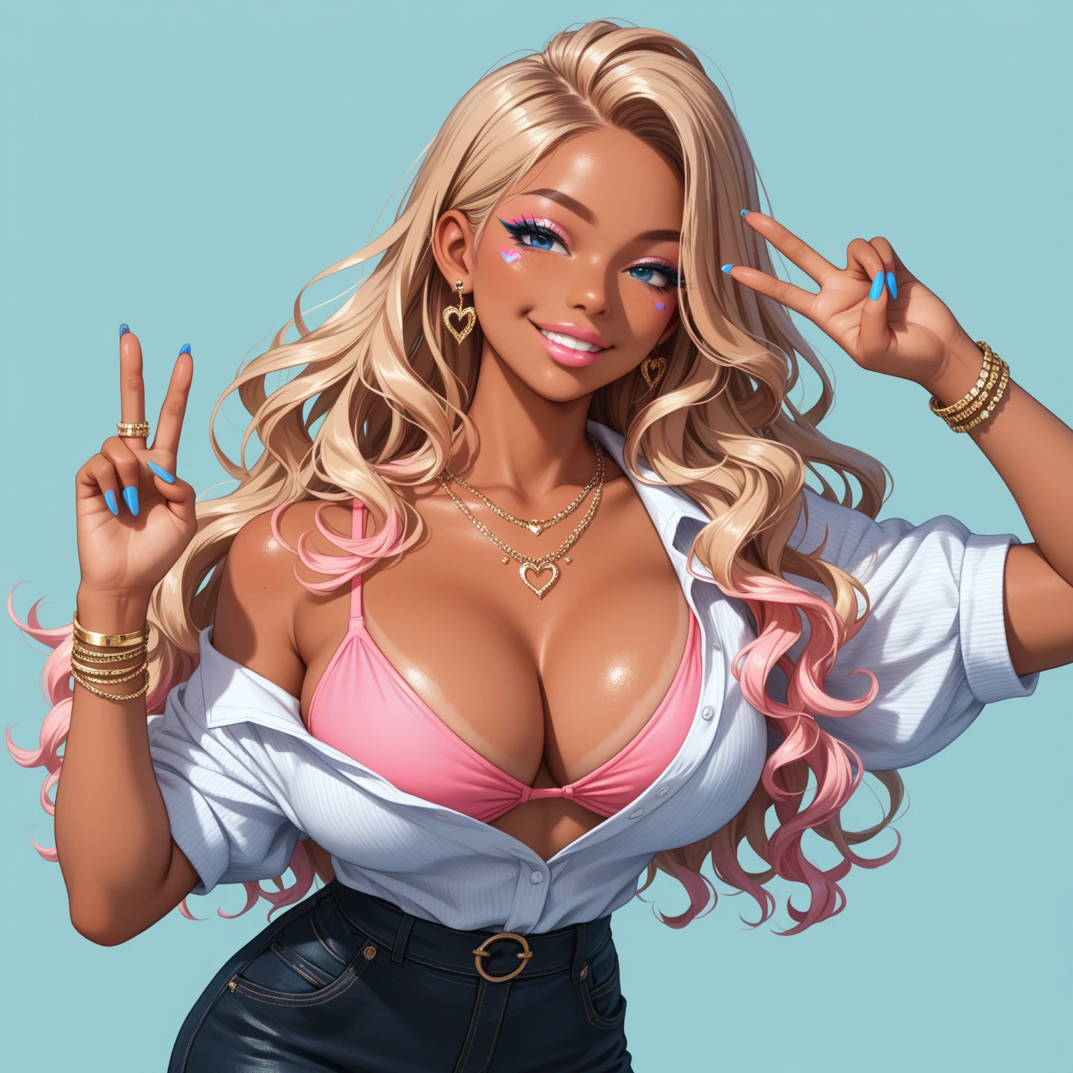 face zoom up、promotional material photo、masterpiece、top quality、Super Real、日本の黒いコGal,silver and pink  縦curly hair、Heavy Breasts,Small Hips,heavy heavy legs,Art long long nails,accentuate the butt with one leg,long eyelashes,women who look down on us, Dark Skin , sexy style、Galブラ,Galパンティ、Thick Calves、Navel jewelry earrings、front angle、top to bottom angle、Beautiful legs、standing、Galピース、Tongue Piercing、Gal、zoom the face up to the viewer、leaning forward、leaning forward、leaning forwardで顔強調、Gal雑誌の表紙、渋谷Gal、flashy makeup
white eyeshadow、curly hair、v front sheer blouse、Low Rise Micro Mini Denim Skirt、3+Waist chain accessories、jewel stone extra thick belt、Hibiscus for hair、scrunchies on wrists