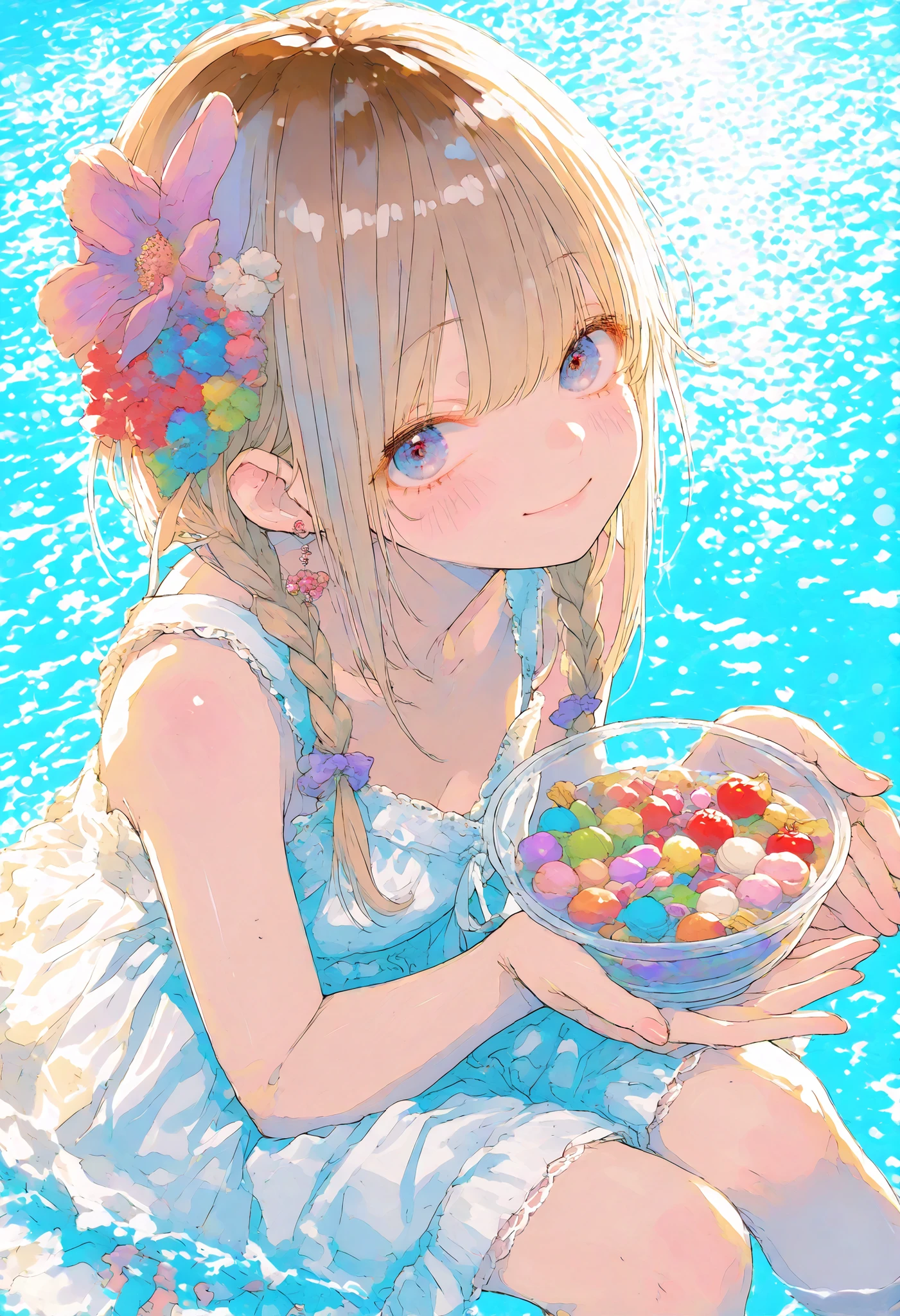 Robber Candy、((from above:1.2)),candy in a transparent bowl,Holding a vessel with both hands,((Beautiful girl))、Colorful Candy,Candy Aimer々、brown hair,shortcut,unkempt hair,Short braided hair,Neat,slender beauty,correct attitude,small breasted,beautiful legs,Her enchanting gray-blue eyes are shining like stars,Saggy Eyes,bright color,beautiful eyes,A delicate smile,Textured Skin,BEST QUALITY THE BEST,gentle and beautiful woman,anime style、4K ultra high definition、Realistic、As in the photo、Extreme Details、HDR、Studio Lighting、Delicate Paintings、in focus、physics-based rendering、Vivid Colors、bokeh、Dominant Red and Brown Tones