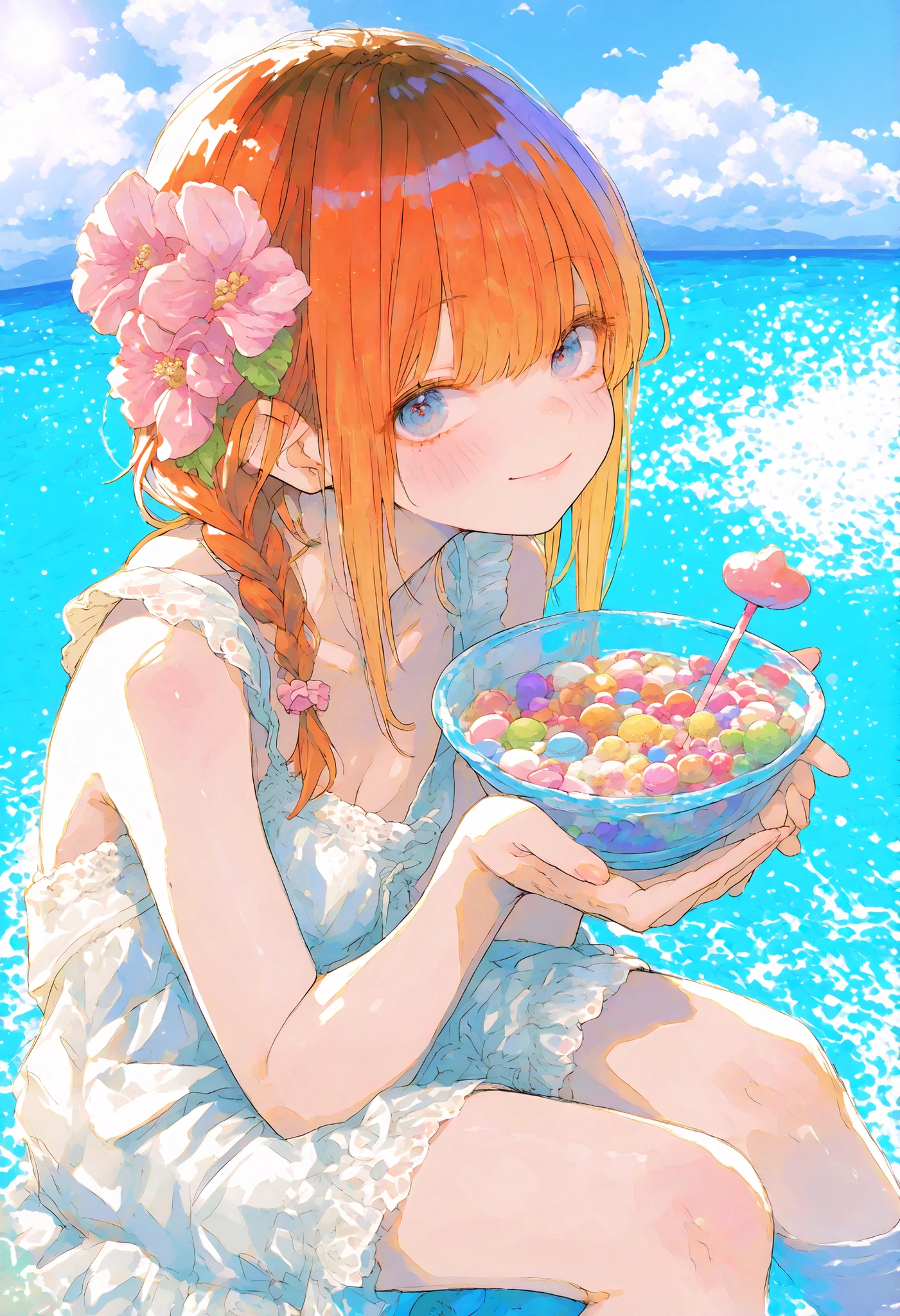 Robber Candy、((from above:1.2)),candy in a transparent bowl,Holding a vessel with both hands,((Beautiful girl))、Colorful Candy,Candy Aimer々、brown hair,shortcut,unkempt hair,Short braided hair,Neat,slender beauty,correct attitude,small breasted,beautiful legs,Her enchanting gray-blue eyes are shining like stars,Saggy Eyes,bright color,beautiful eyes,A delicate smile,Textured Skin,BEST QUALITY THE BEST,gentle and beautiful woman,anime style、4K ultra high definition、Realistic、As in the photo、Extreme Details、HDR、Studio Lighting、Delicate Paintings、in focus、physics-based rendering、Vivid Colors、bokeh、Dominant Red and Brown Tones