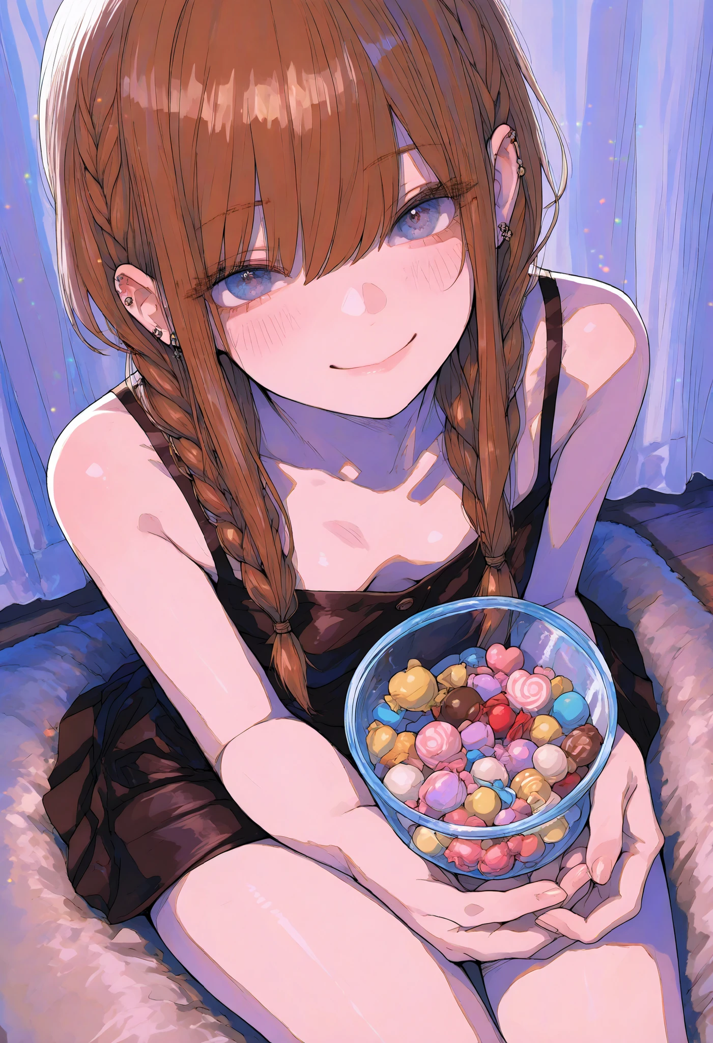 Robber Candy、((from above:1.2)),candy in a transparent bowl,Holding a vessel with both hands,((Beautiful girl))、Colorful Candy,Candy Aimer々、brown hair,shortcut,unkempt hair,Short braided hair,Neat,slender beauty,correct attitude,small breasted,beautiful legs,Her enchanting gray-blue eyes are shining like stars,Saggy Eyes,bright color,beautiful eyes,A delicate smile,Textured Skin,BEST QUALITY THE BEST,gentle and beautiful woman,anime style、4K ultra high definition、Realistic、As in the photo、Extreme Details、HDR、Studio Lighting、Delicate Paintings、in focus、physics-based rendering、Vivid Colors、bokeh、Dominant Red and Brown Tones