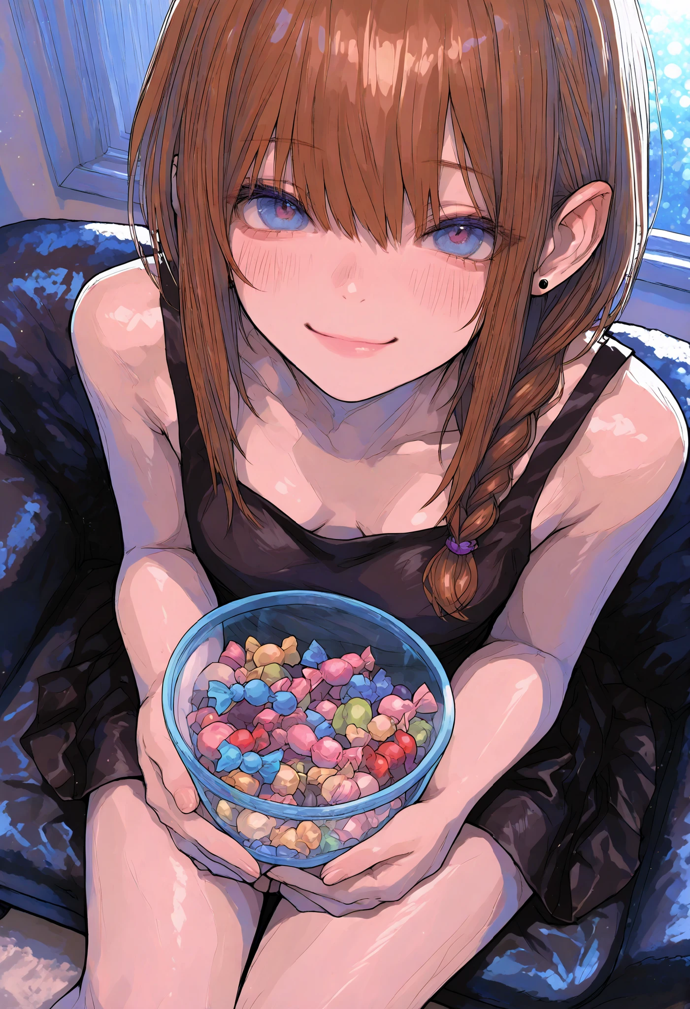 Robber Candy、((from above:1.2)),candy in a transparent bowl,Holding a vessel with both hands,((Beautiful girl))、Colorful Candy,Candy Aimer々、brown hair,shortcut,unkempt hair,Short braided hair,Neat,slender beauty,correct attitude,small breasted,beautiful legs,Her enchanting gray-blue eyes are shining like stars,Saggy Eyes,bright color,beautiful eyes,A delicate smile,Textured Skin,BEST QUALITY THE BEST,gentle and beautiful woman,anime style、4K ultra high definition、Realistic、As in the photo、Extreme Details、HDR、Studio Lighting、Delicate Paintings、in focus、physics-based rendering、Vivid Colors、bokeh、Dominant Red and Brown Tones
