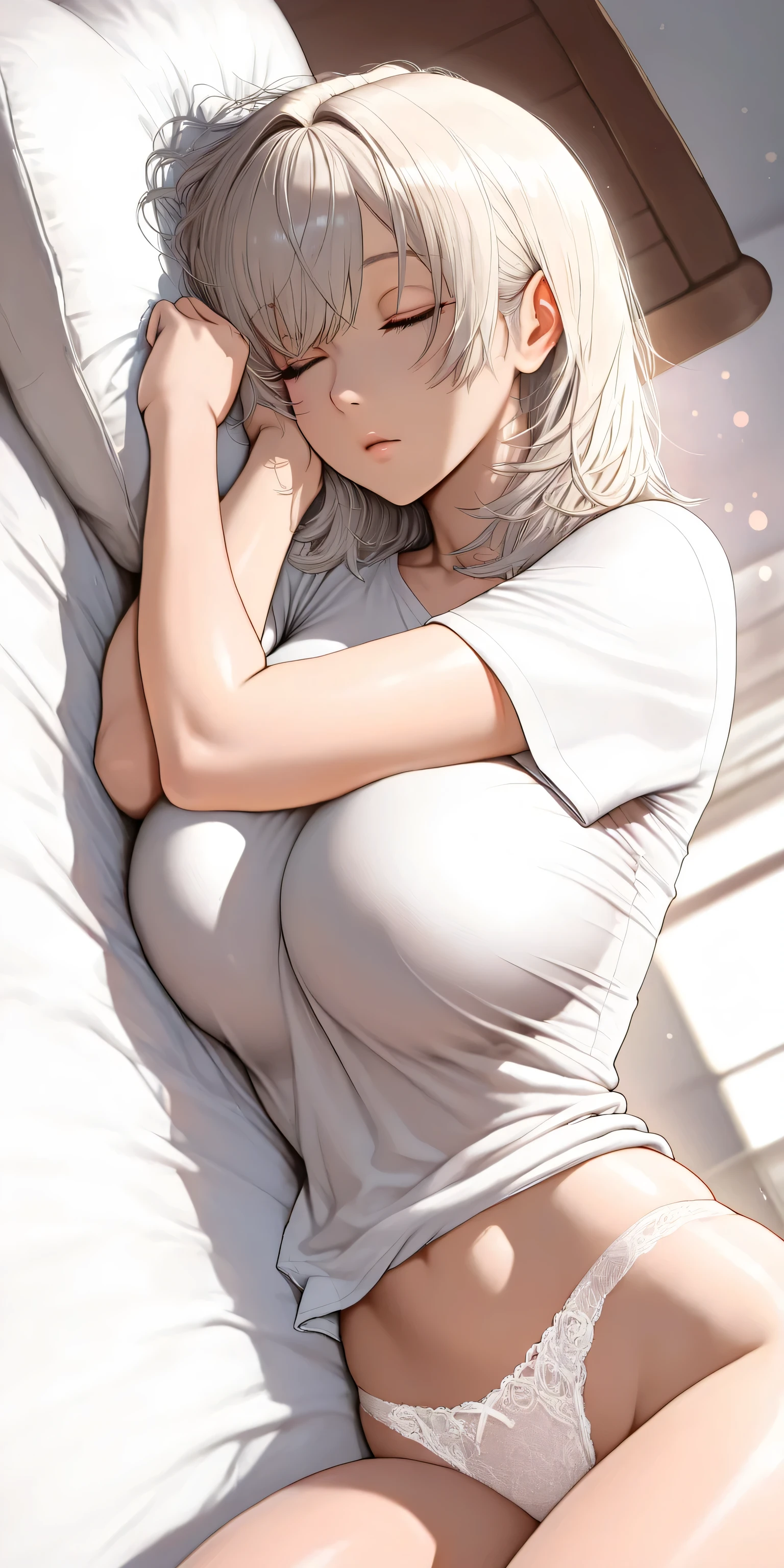 realistic,one adult woman on the boat deck,medium hair,platinum blonde hair,large breasts,white pop art t-shirt,black and white sexy woman art,"HYSTERIC GLAMOUR",Woman sleeping in bed,Dutch angle,upper body,maorix,(masterpiece, detailed:1.2),High Quality,4K,8K,Fine,Realistic,like the picture,HDR,UHD,Studio Lighting,extra fine painting,on the front of the body,physically-based rendering with legs open while sitting on a chair,extreme details,Professional,vivid colors,Bokeh,natural pose,Narrative Expressions,Graceful Modeling,pastel color,Soft Light,(large size T-shirt),white lace panties,((lying, on side)),