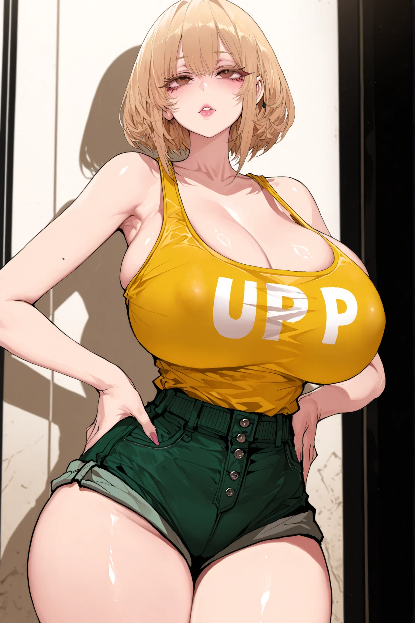 masterpiece, best quality, 1girl, solo, alone, score_9, score_8_up, score_7_up, anime screencap, BREAK 1girl, short blonde hair, bob cut with side part, light skin tone, minimal makeup with purple/pink lips, large brown eyes with thick lashes, yellow sleeveless tank top with deep scoop neckline, form-fitting and exposing cleavage, bright green high-waisted shorts with button closure, (extremely curvy: 1.4), (very large bust: 1.5), (narrow waist: 1.2), (prominent hips: 1.3), (thick thighs: 1.2), large expressive eyes, detailed eyes, detailed body proportions, confident pose with hands on hips, dishwasher1910, Siu, fishine, jipa42760710, anip41nt) (young woman:2.5), (adult:2.5) (tall, 1girl, solo, curvy figure, slim waist, wide hips, thick thighs, very large breasts, voluptuous, first-rate female body)
