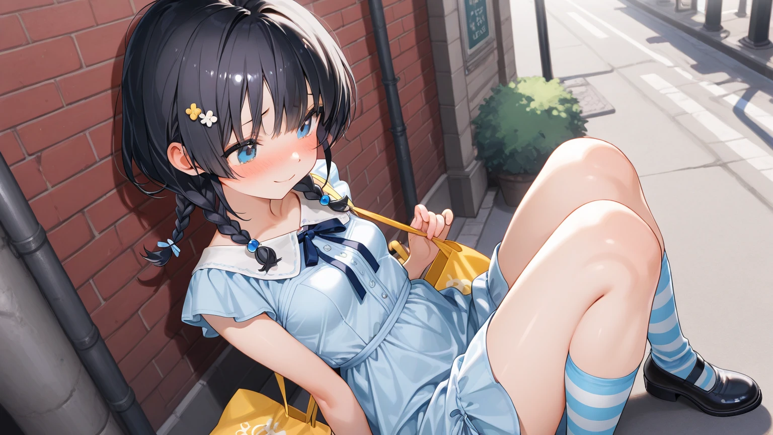 very cute and beautiful girl sitting near window,(blue plaid summer dress with detailed frills),sleeveless,detailed lace,(spread legs,white panties), (highly detailed beautiful face),beach,wooden floating cottage, (smile),blush,twin braid,black hair, (best quality,masterpiece:1.2),absurdres,highres,ultra-detailed,extremely detailed,32k,8k resolution, intricate details,cinematic scene,detailed background,solo,dynamic angle, natural lighting,light particles,beautiful detailed sky,