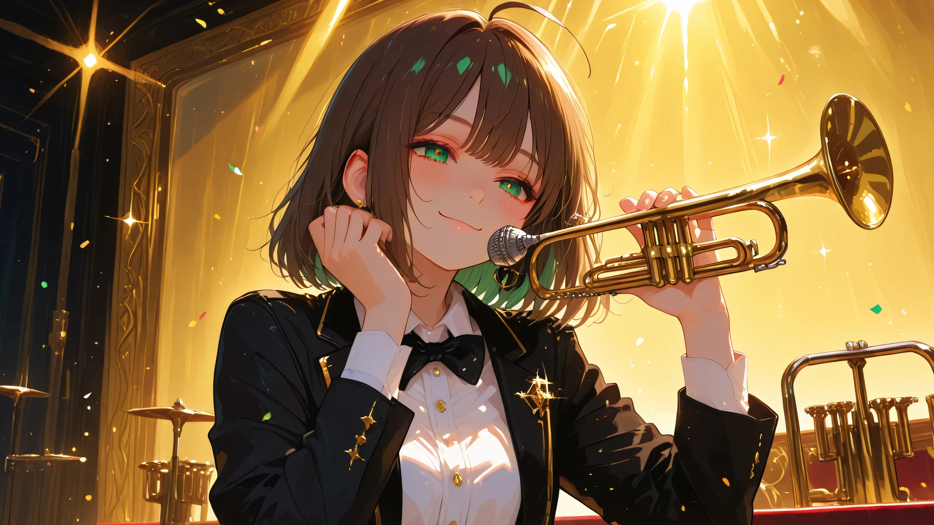 masterpiece, best quality, newest, absurdres, highres,
1girl, solo, half body or medium shot, short dark brown hair, ahoge, shiny green eyes, bright happy smile, joyful and confident expression,
wearing elegant tuxedo with bow tie, white shirt, black jacket with gold accents, shiny brass trumpet held in her hands naturally,
on a lively swing party stage filled with warm golden lights, jazz band instruments and dancers blurred in the background,
sparkling confetti and stage lights, vintage microphone nearby,
energetic and groovy electro swing atmosphere, 1930s jazz party aesthetic with modern touch,
vivid lighting, reflections on brass trumpet, cinematic composition,
modern anime style, full detail on face and eyes, natural posture, realistic hand positions,
beautiful face, perfect , natural smile, no earphones,
soft glow, vibrant and joyful mood, art deco stage design, festive atmosphere