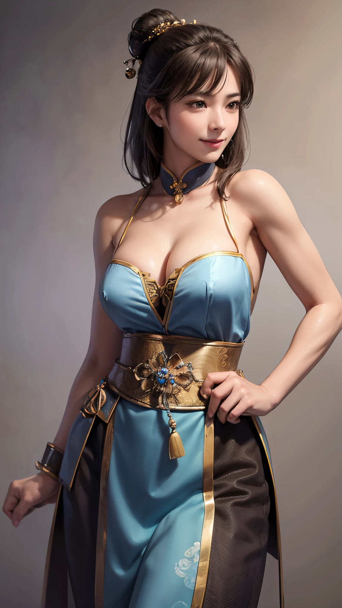 cowboy shot、Highest Quality, Ultra High Def 、 beautiful beautiful woman 、simple background、smile、8k、perfection,   shiny skin,  Pose , beautiful models in an old village,  armpit,  Art , Ancient Chinese Breastplate,  cute face ,   young woman with her hands crotched、black hair、 short hair、両armpitでキラキラと光る,  adipose muscle、clean skin、 white skin, Highest Quality, very detailed, fine, Nothing,  8K electronic wallpaper  , beautiful in every detail, perfectionなダイナミックコンポジション, Beautifully Detailed,  detailed hair for a calm face , Detailed Realistic Skin Texture, smile, 