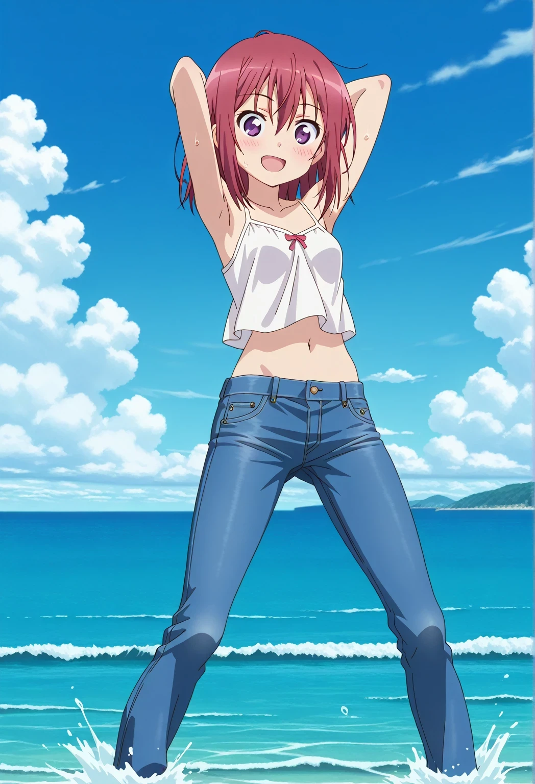 score_9, score_8_up, score_7_up, source_anime, highres, hi res, ((best quality, top quality, perfect quality, Highest Quality, amazing quality)), {{masterpiece}}, {{an extremely delicate and beautiful}}, 2d, intricate details, official style, anime, 8k, anime style, official_anime, official art, digital painting, cell shading, soft shading, high resolution, soothing tones, Subdued Color, Soft cinematic light, adobe lightroom, photolab, HDR, intricately and hyper-detailed, ((high quality animation)), 1 girl, Alone, solo, ((ocean)), tsunami, on the water, day, sunny, outdoors, sky, windy, Kanzaki Tomoyo, Inou Battle wa Nichijou-kei no Naka de, purple eyes, red hair, medium hair, hair between eyes, anime coloring, anime screencap, small , white camisole top, crop top, white crop top, best quality, hyper-detailed jeans, ((blue jeans:1.9)), (dark blue jeans:0.6), full medium body, medium shot, Open mouth, smiling, happy face, blush, sweat, standing, ((arms behind head:6.0)), ((perfect arm line:2.5)), bowlegged, jumping pose, action, looking at viewer, , Bend knees slightly, straight-on front view