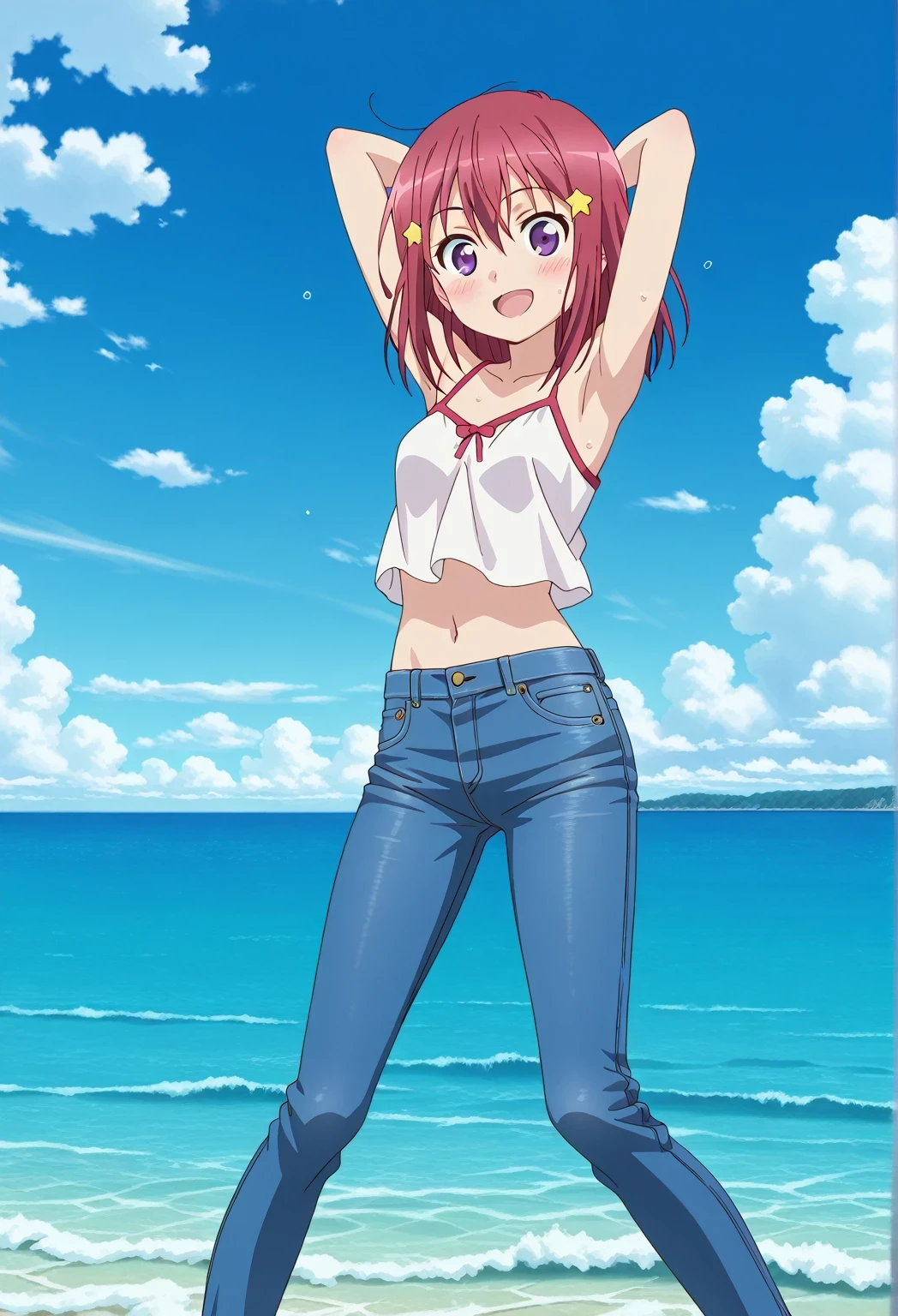 score_9, score_8_up, score_7_up, source_anime, highres, hi res, ((best quality, top quality, perfect quality, Highest Quality, amazing quality)), {{masterpiece}}, {{an extremely delicate and beautiful}}, 2d, intricate details, official style, anime, 8k, anime style, official_anime, official art, digital painting, cell shading, soft shading, high resolution, soothing tones, Subdued Color, Soft cinematic light, adobe lightroom, photolab, HDR, intricately and hyper-detailed, ((high quality animation)), 1 girl, Alone, solo, ((ocean)), tsunami, on the water, day, sunny, outdoors, sky, windy, Kanzaki Tomoyo, Inou Battle wa Nichijou-kei no Naka de, purple eyes, red hair, medium hair, hair between eyes, anime coloring, anime screencap, small , white camisole top, crop top, white crop top, best quality, hyper-detailed jeans, ((blue jeans:1.9)), (dark blue jeans:0.6), full medium body, medium shot, Open mouth, smiling, happy face, blush, sweat, standing, ((arms behind head:6.0)), ((perfect arm line:2.5)), bowlegged, jumping pose, action, looking at viewer, , Bend knees slightly, straight-on front view