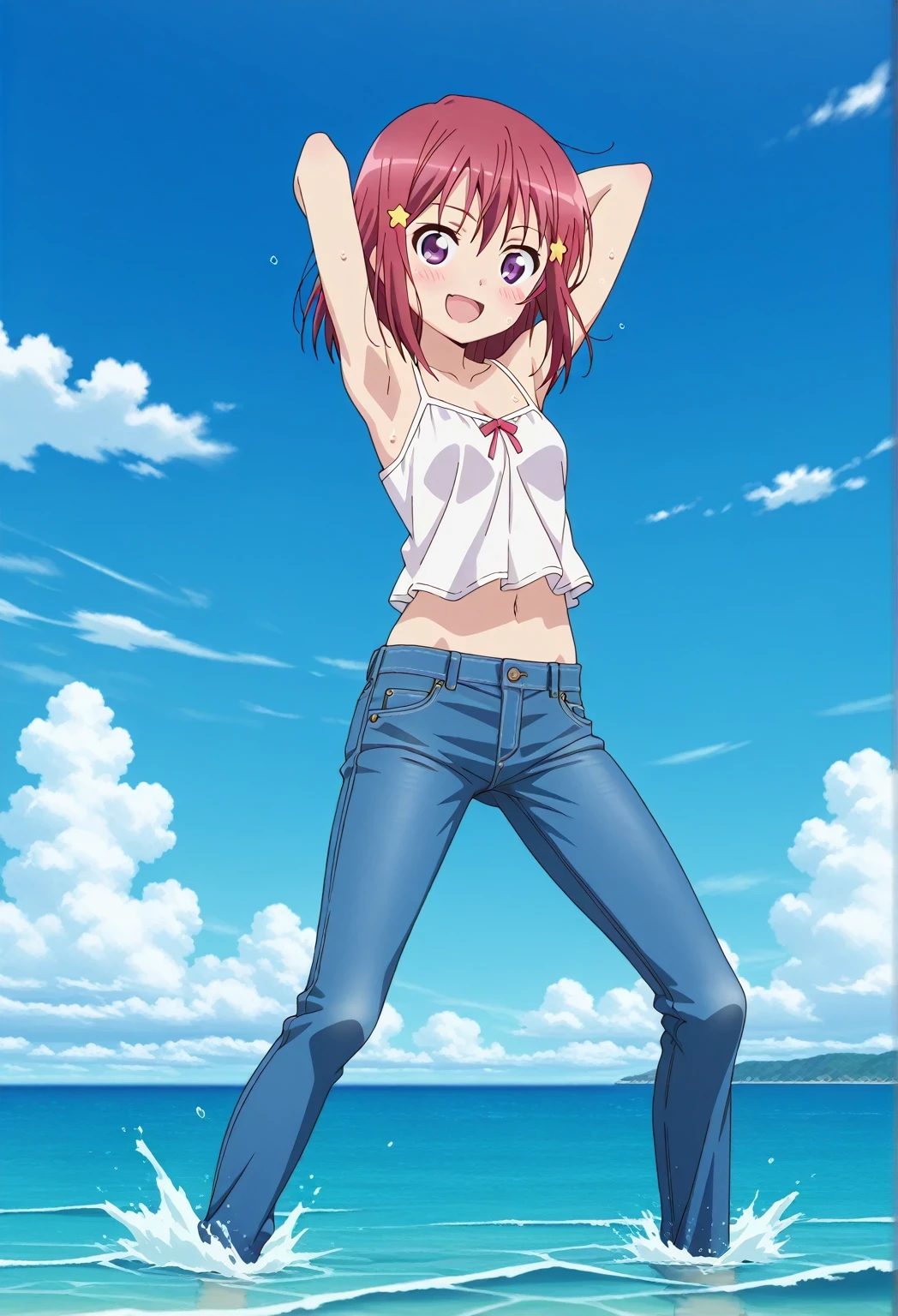 score_9, score_8_up, score_7_up, source_anime, highres, hi res, ((best quality, top quality, perfect quality, Highest Quality, amazing quality)), {{masterpiece}}, {{an extremely delicate and beautiful}}, 2d, intricate details, official style, anime, 8k, anime style, official_anime, official art, digital painting, cell shading, soft shading, high resolution, soothing tones, Subdued Color, Soft cinematic light, adobe lightroom, photolab, HDR, intricately and hyper-detailed, ((high quality animation)), 1 girl, Alone, solo, ((ocean)), tsunami, on the water, day, sunny, outdoors, sky, windy, Kanzaki Tomoyo, Inou Battle wa Nichijou-kei no Naka de, purple eyes, red hair, medium hair, anime coloring, anime screencap, small , white camisole top, crop top, white crop top, best quality, hyper-detailed jeans, ((blue jeans:1.9)), (dark blue jeans:0.6), full medium body, medium shot, Open mouth, smiling, happy face, blush, sweat, standing, ((arms behind head:6.0)), ((perfect arm line:2.5)), bowlegged, jumping pose, action, looking at viewer, , Bend knees slightly, straight-on front view