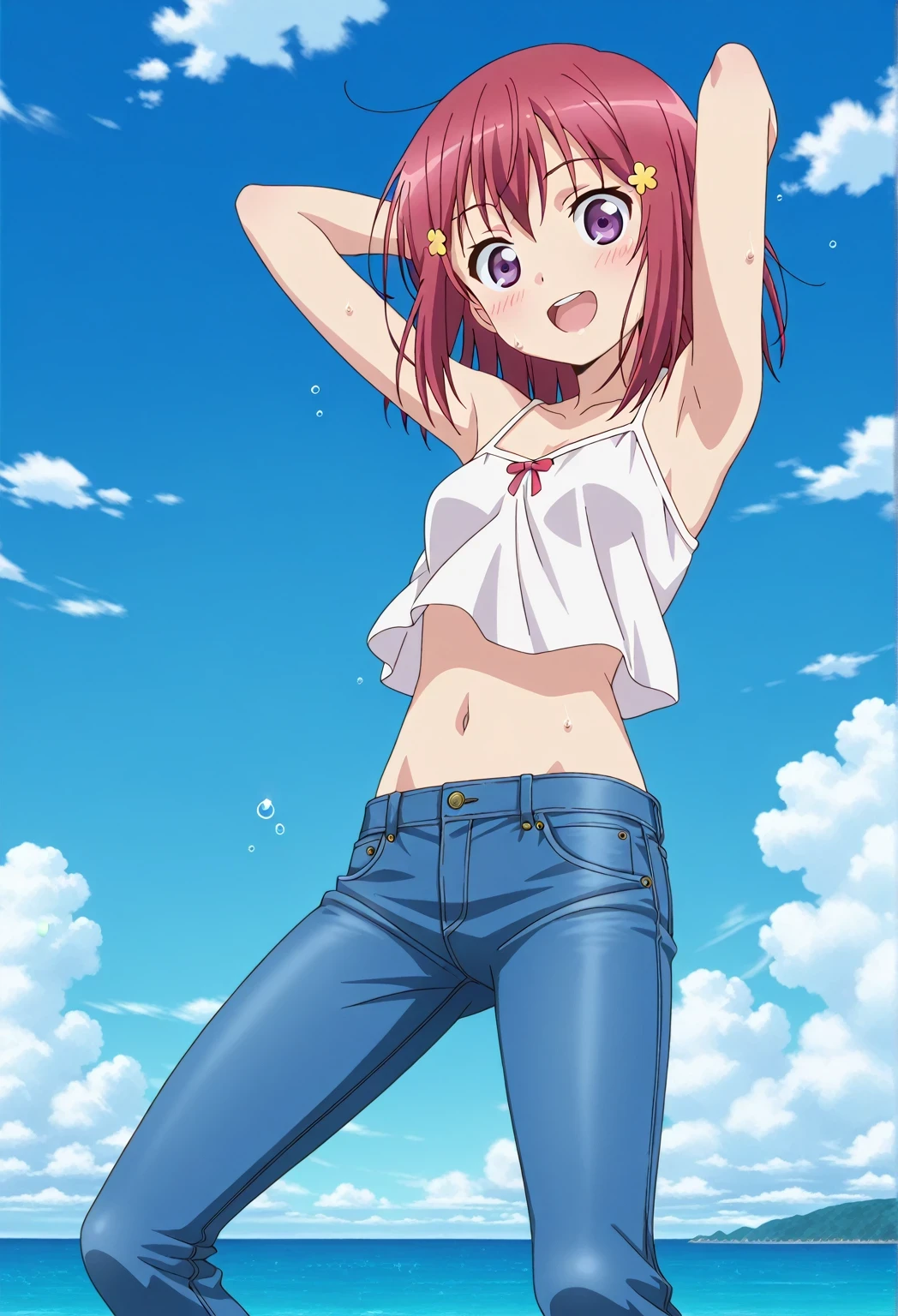 score_9, score_8_up, score_7_up, source_anime, highres, hi res, ((best quality, top quality, perfect quality, Highest Quality, amazing quality)), {{masterpiece}}, {{an extremely delicate and beautiful}}, 2d, intricate details, official style, anime, 8k, anime style, official_anime, official art, digital painting, cell shading, soft shading, high resolution, soothing tones, Subdued Color, Soft cinematic light, adobe lightroom, photolab, HDR, intricately and hyper-detailed, ((high quality animation)), 1 girl, Alone, solo, ((ocean)), tsunami, on the water, day, sunny, outdoors, sky, windy, Kanzaki Tomoyo, Inou Battle wa Nichijou-kei no Naka de, purple eyes, red hair, medium hair, anime coloring, anime screencap, small , white camisole top, crop top, white crop top, best quality, hyper-detailed jeans, ((blue jeans:1.9)), (dark blue jeans:0.6), full medium body, cowboy shot, Open mouth, smiling, happy face, blush, sweat, standing, ((arms behind head:6.0)), ((perfect arm line:2.5)), bowlegged, jumping pose, action, looking at viewer, , Bend knees slightly, straight-on front view