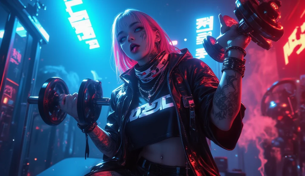 techno Rave girl wearing Neon Clothing, Tron led lights of multiple neon tube light clothing.  wearing DJ Headset, Cool Cyber Synth sunglasses, best quality, 8k,highest resolution,masterpiece:1.2,ultra-detailed,realistic:1.37,physically-based rendering,professional,vivid colors,studio lighting,sharp focus,bokeh,portraits,photography, Designer de imagem "Cyberpunk & Realistic". Futuristic depiction of a perfectly tattooed woman with high-tech mechanical prosthetics, long messy pink hair, and headphones. 