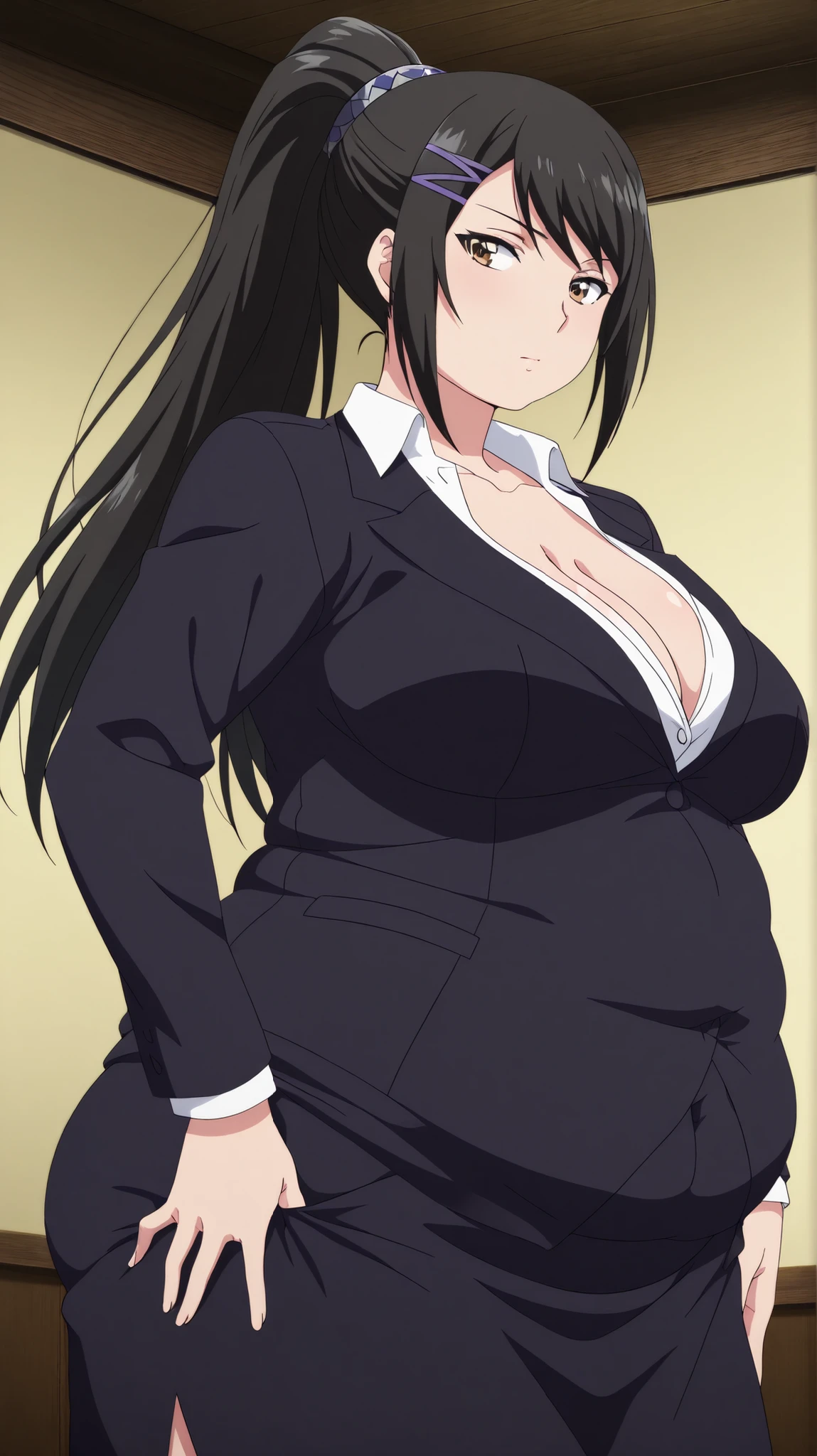 bloated belly,obese,fat,chubby,plump,WeightChubby,masterpiece, best quality, 8K, ultra-detailed, official art,
anime style, anime coloring, cel shading, hand-drawn look, digital painting, soft shading, detailed lighting, vibrant colors, flat color textures,
dutch angle, cowboy shot, cinematic composition, anime screencap, anime coloring,
1girl, solo,
sae chabashira, chabashira sae, long hair, black hair, hair ornament, brown eyes, ponytail, hairclip, mature female, breasts, anime screencap,
shirt, cleavage, collarbone, jacket, white shirt, formal, suit, skirt, pencil skirt,, correct anatomy, correct fingers, showing the butt, looking back, moving my ass, rear view, seen from below, Pulling the thong