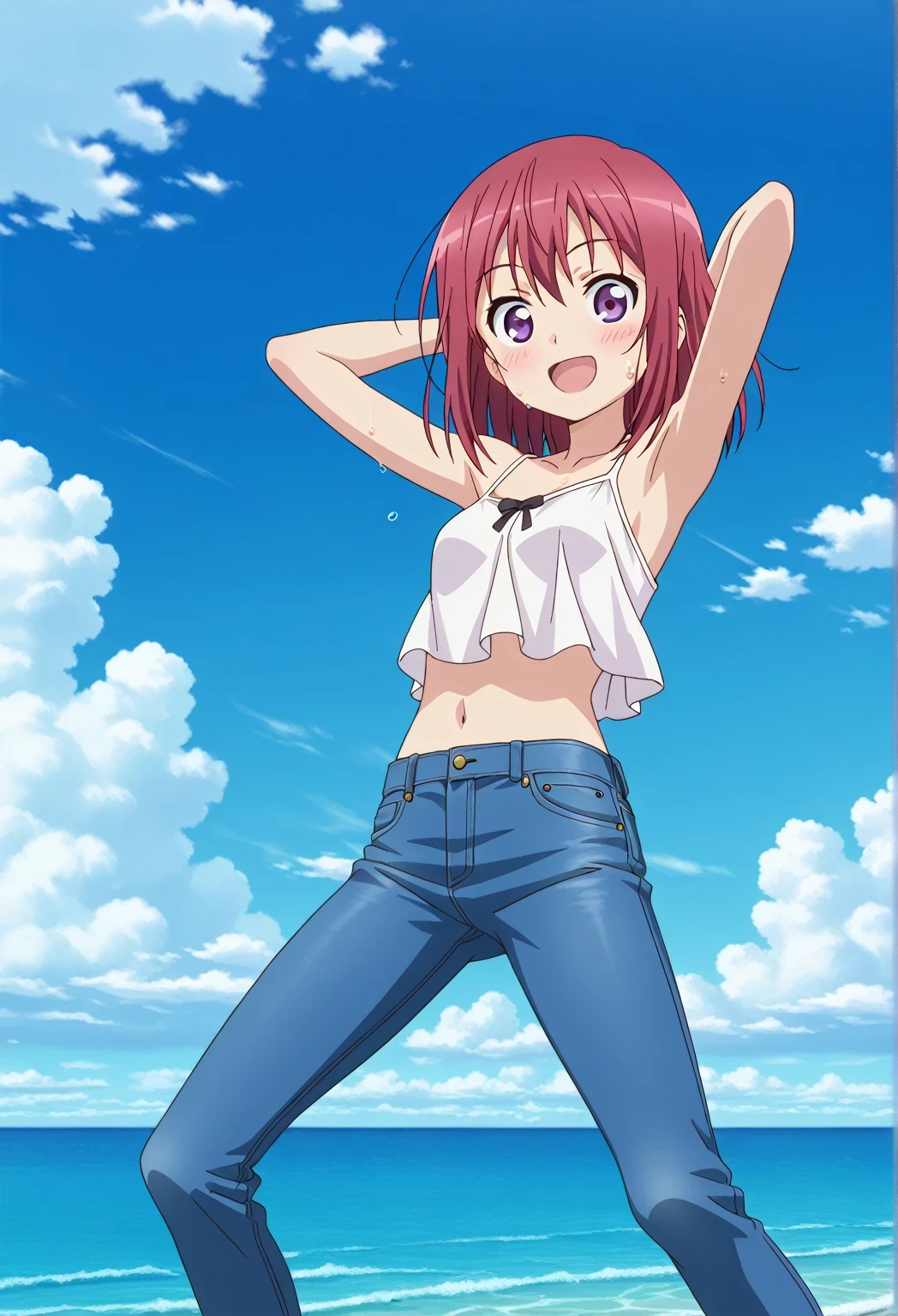 score_9, score_8_up, score_7_up, source_anime, highres, hi res, ((best quality, top quality, perfect quality, Highest Quality, amazing quality)), {{masterpiece}}, {{an extremely delicate and beautiful}}, 2d, intricate details, official style, anime, 8k, anime style, official_anime, official art, digital painting, cell shading, soft shading, high resolution, soothing tones, Subdued Color, Soft cinematic light, adobe lightroom, photolab, HDR, intricately and hyper-detailed, ((high quality animation)), 1 girl, Alone, solo, ((ocean)), tsunami, on the water, day, sunny, outdoors, sky, windy, Kanzaki Tomoyo, Inou Battle wa Nichijou-kei no Naka de, purple eyes, red hair, medium hair, anime coloring, anime screencap, small , white camisole top, crop top, white crop top, best quality, hyper-detailed jeans, ((blue jeans:1.9)), (dark blue jeans:0.6), full medium body, medium shot, Open mouth, smiling, happy face, blush, sweat, standing, ((arms behind head:6.0)), ((perfect arm line:2.5)), bowlegged, jumping pose, action, looking at viewer, , Bend knees slightly, straight-on front view