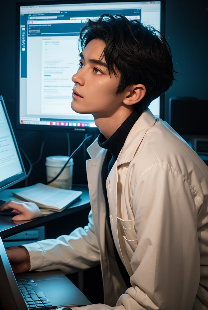 Create a professional man by working on a project! In front of a computer screen, he is planning a Lean Management planning framework! On your computer screen, the phased structure of your Lean Management project should appear!