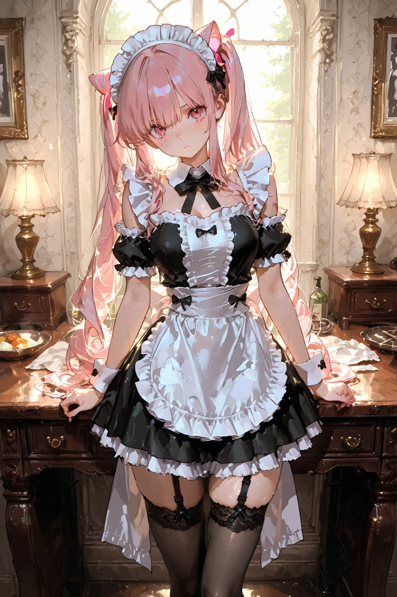 In an old castle、(maids with attractive bodies are getting ready for dinner:1.7)、Desk with fancy meals、garter belt、stockings、Majestic Background、pink hair、Height Twin Tail 、 Luxury furniture、antique、European castle、 femininity(femininity)、skirt、Has an attractive body,、is embarrassing、、Active women、 score_9,score_8_up,score_7_up,Highest Quality, Fine clothes、sexy、is embarrassing、sweat、