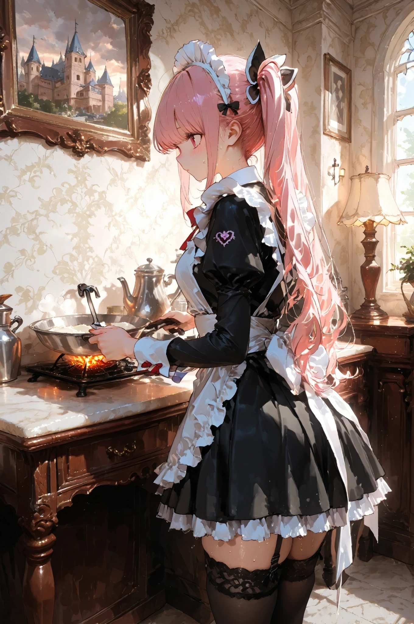  In an old castle、(maids with attractive bodies are getting ready for dinner:1.7)、Desk with fancy meals、garter belt、stockings、Majestic Background、pink hair、Height Twin Tail 、 Luxury furniture、antique、European castle、　　　　　　　　　　　　　　　　　　　　　　　　　　　　　　　　　　　　　　　　　　　　　　　　　　　　　　　　　　　　　　　femininity（femininity）、skirt、Has an attractive body,、is embarrassing、、Active women、　　　　　　　　　　　　　　　　　　　　　　　　　　　　　　　　　　　　　　　　　　　　　　　　　　　　　　　　　　　　score_9,score_8_up,score_7_up,Highest Quality, Fine clothes、sexy、is embarrassing、sweat、