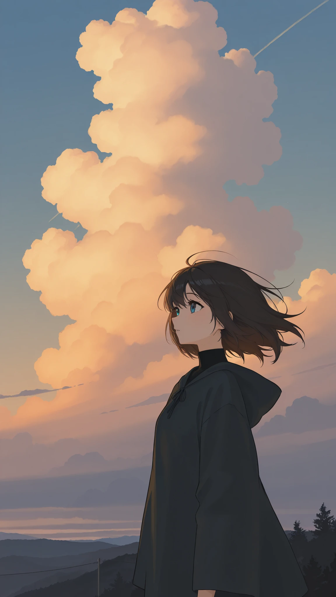 of the highest quality,Mathieu Piece, solo, solo,girls,Cumulonimbus、Beautiful Profile, Eyes that look into tomorrow, hope, outdoors, Twilight sky, Seven colored clouds, evening