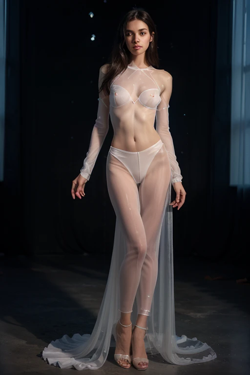 a woman age 25 years old ,  very thin body, body visible bones, very slender, body is very wet, pale white skin, panties, bra,tatto, full body, has a mental breakdown in an underground prison