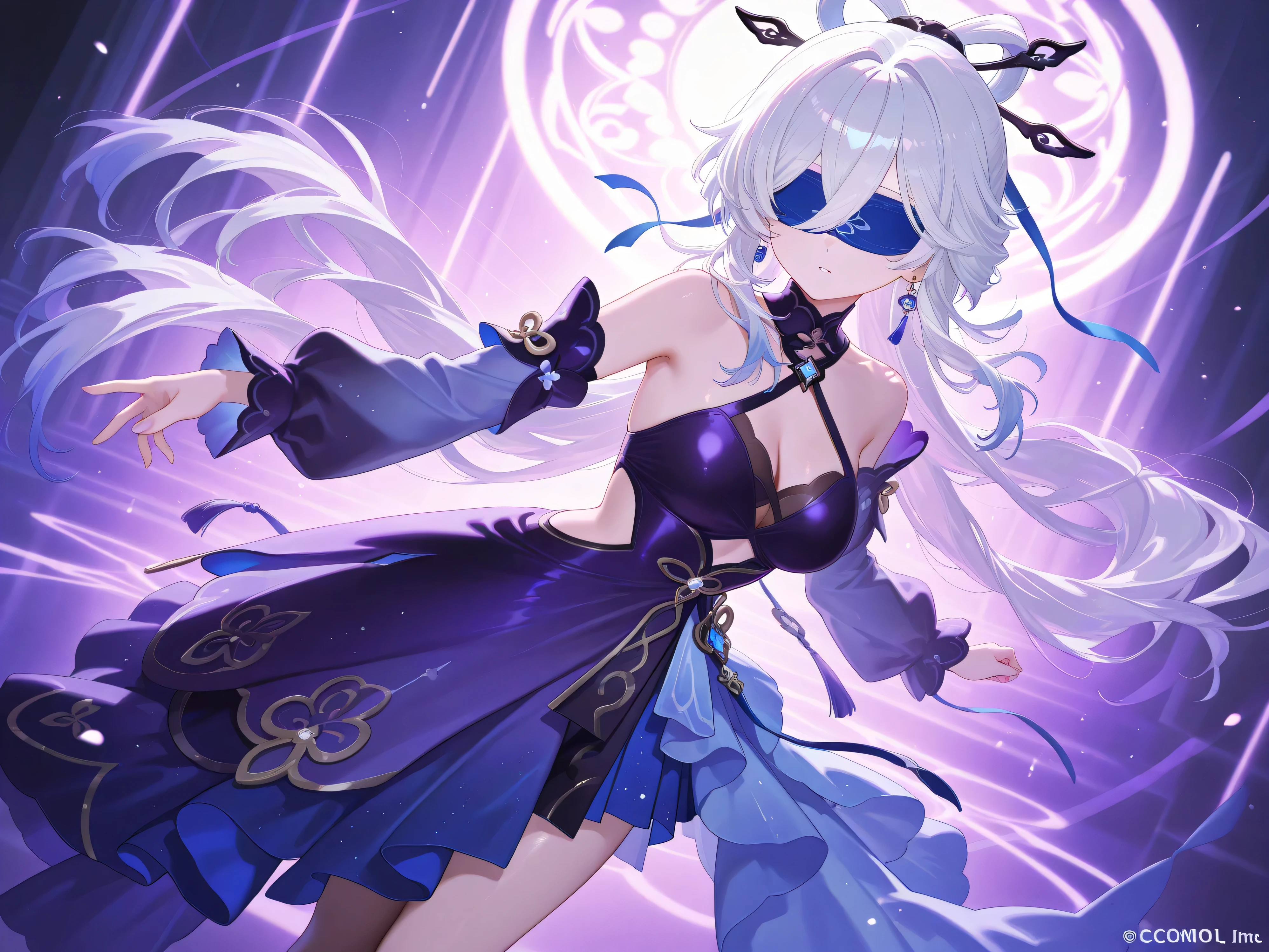 1 girl, solo, high quality, side locks, medium breasts, white hair, long hair, long bangs, blindfolded, blue blindfold. medium breasts, standing. hair ornaments. halterneck, purple dress, detached sleeve, long sleeve, bare shoulders, skirt, two toned skirt, purple skirt, blue skirt, alternate skirt, assymmetrical skirt, earrings, vibrant, face focus