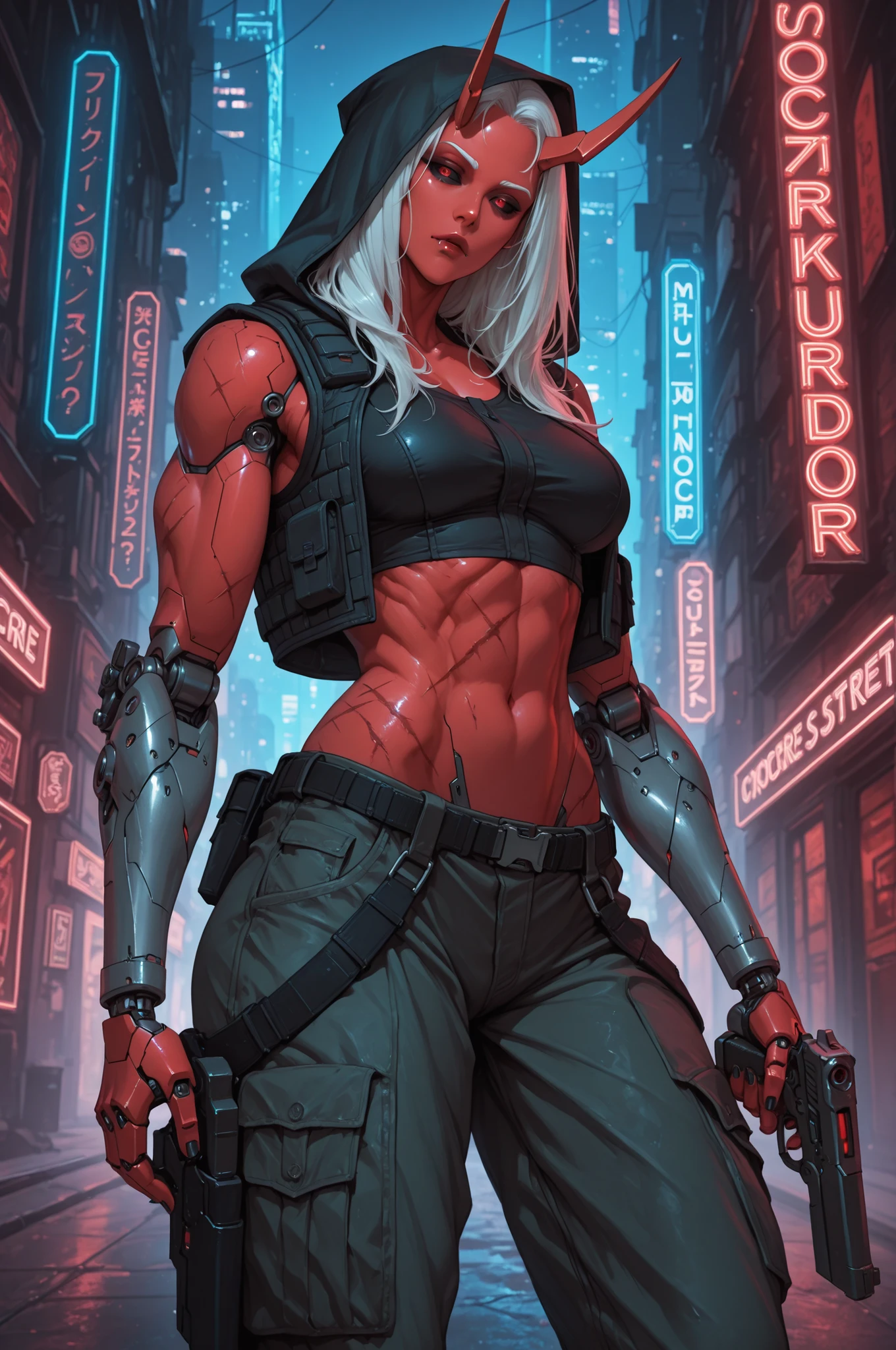 safe_pos, score_9, score_8_up, score_7_up (zPDXL3)  Stable_Yogis_PDXL_Positives,  BREAK outside, city_street, night, cyberpunk, Neon_lights

1MILF, mature woman, solo, tall, (red_skin_tone:1.3), Cybernetic_Oni_horns, (Mechanical_arms:1.3), Cybernetic_body, muscular thighs, muscular_arms, long_hair, white_hair (Pink_highlights), (scars_on_body:1.3), black nails, fangs, long_fangs, tired_expression, hollow_eyes, red_eyes, black_sclera, standing (Holding_pistol), Black_wizard_robe, black_hood, cargo_pants, tank_top, bullet_proof_vest, black_boots, side_view, looking_down_at_viewer, , Mature looks, MILF, 8k, (masterpiece) Expressiveh