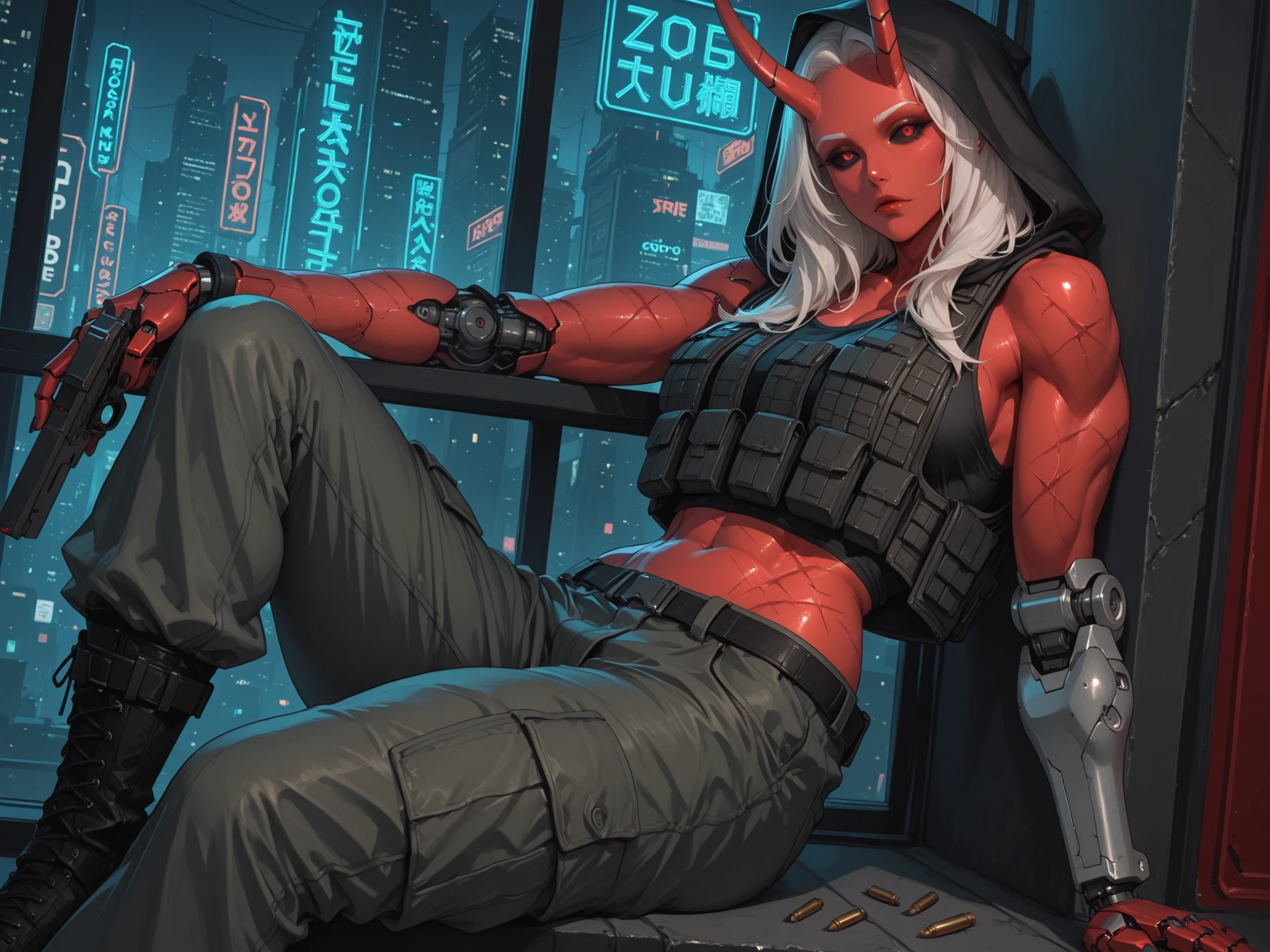 safe_pos, score_9, score_8_up, score_7_up (zPDXL3)  Stable_Yogis_PDXL_Positives,  BREAK outside, roof_top, night, cyberpunk_city, Neon_lights

1MILF, mature woman, solo, tall, (red_skin_tone:1.3), Cybernetic_Oni_horns, (Mechanical_arms:1.3), Cybernetic_body, muscular thighs, muscular_arms, long_hair, white_hair (Pink_highlights), (scars_on_body:1.3), black nails, fangs, long_fangs, tired_expression, hollow_eyes, red_eyes, black_sclera, sitting_on_ledge (Holding_pistol), Black_wizard_robe, black_hood, cargo_pants, tank_top, bullet_proof_vest, black_boots, cyber_oni_mask, looking_down_at_viewer, , Mature looks, MILF, 8k, (masterpiece) Expressiveh