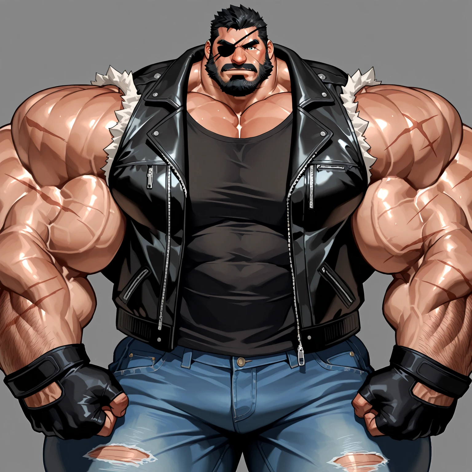 animestyle, solo, 1boy, perfect , perfect proportion. Huge Muscular Old man  wearing black leather jacket, open jacket, black pants, view from side, pectoral, thick arms, huge pectoral, wide pectoral, short white hair, red beard and hair, simple background, masterpiece, anime:1.2, high detailed, 8k, high resolution, perfect center, full view. ((really big muscle, massive muscular, sixpack, thick arms, wide pectoral, super huge muscle, hyper muscular, over sized muscle, huge arms, big arms, huge pectoral))