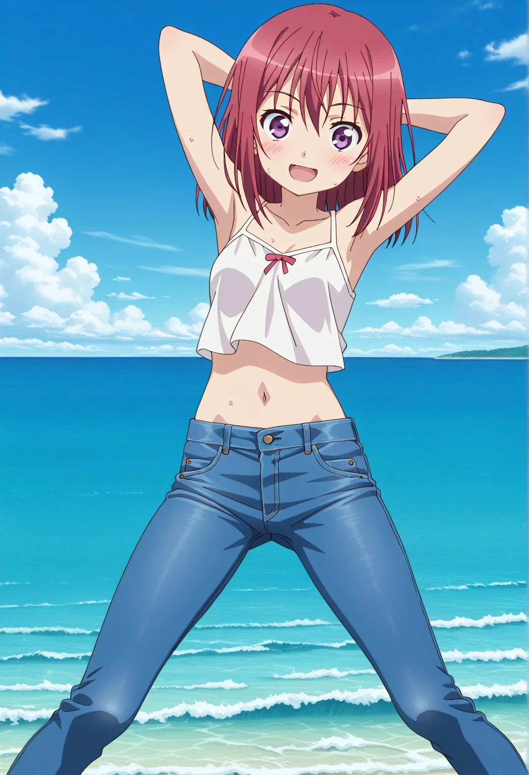 score_9, score_8_up, score_7_up, source_anime, highres, hi res, ((best quality, top quality, perfect quality, Highest Quality, amazing quality)), {{masterpiece}}, {{an extremely delicate and beautiful}}, 2d, intricate details, official style, anime, 8k, anime style, official_anime, official art, digital painting, cell shading, soft shading, high resolution, soothing tones, Subdued Color, Soft cinematic light, adobe lightroom, photolab, HDR, intricately and hyper-detailed, ((high quality animation)), 1 girl, Alone, solo, ((ocean)), tsunami, on the water, day, sunny, outdoors, sky, windy, Kanzaki Tomoyo, Inou Battle wa Nichijou-kei no Naka de, purple eyes, red hair, medium hair, anime coloring, anime screencap, small , white camisole top, crop top, white crop top, best quality, hyper-detailed jeans, ((blue jeans:1.9)), (dark blue jeans:0.6), full medium body, medium shot, Open mouth, smiling, happy face, blush, sweat, standing, ((arms behind head:6.0)), ((perfect arm line:2.5)), bowlegged, jumping pose, action, looking at viewer, , Bend knees slightly, straight-on front view
