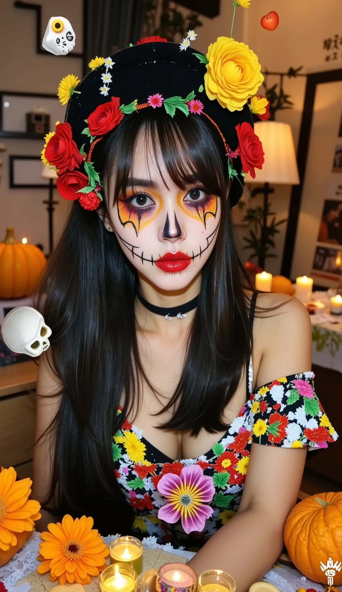 "A skinny 18-year-old Chinese girl, with an extremely thin body and fragile and delicate appearance.  She has a very small bust , thin waist and thin legs with space between the thighs.  Your hair is long and black, with fringes and an extremely long ponytail. She is wearing makeup inspired by the Day of the Dead: intricate skull designs on her face, colorful floral patterns around her eyes, vibrant red and yellow flowers on her forehead and cheeks. Wearing a traditional Mexican dress with floral embroidery, in a festive setting with candles and marigold flowers in the background. soft lighting, highly detailed, realistic style, 8k"