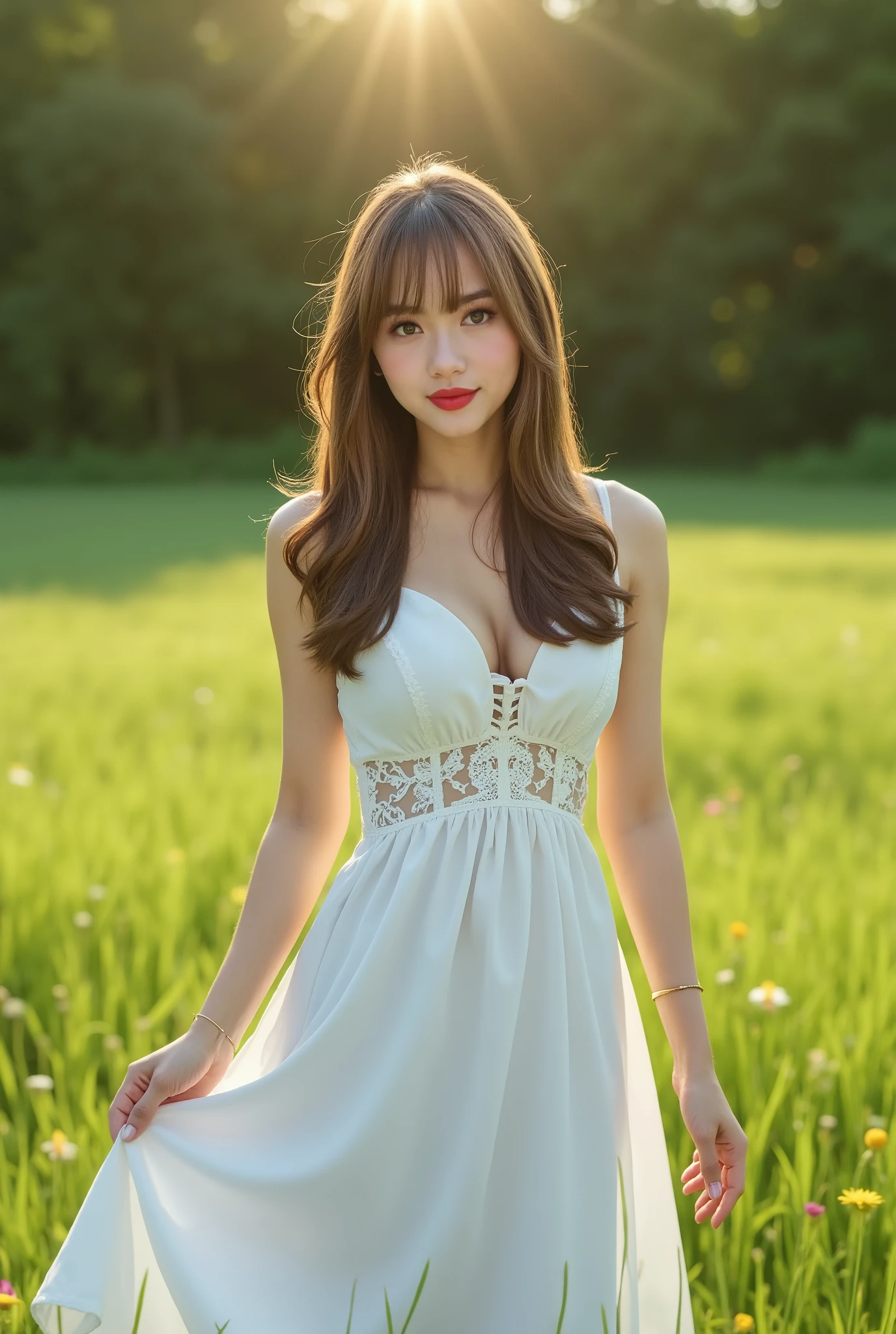,masterpiece, best quality,8k, ultra highres,Reallightandshadow,Cinema lenses,(beautidful eyes:1.1), ((中景 the scene is,The upper part of the body)),dynamicposes,On a green meadow,A gentle goddess came with a gentle step。She wore a white dress,A gentle breeze blows,The skirt dances lightly。The sun shines through the leaves on her hair,Reflecting her clear eyes and gentle smile。Colorful butterflies flew around her,Flowers bloomed at her feet,It was as if nature was cheering for her。