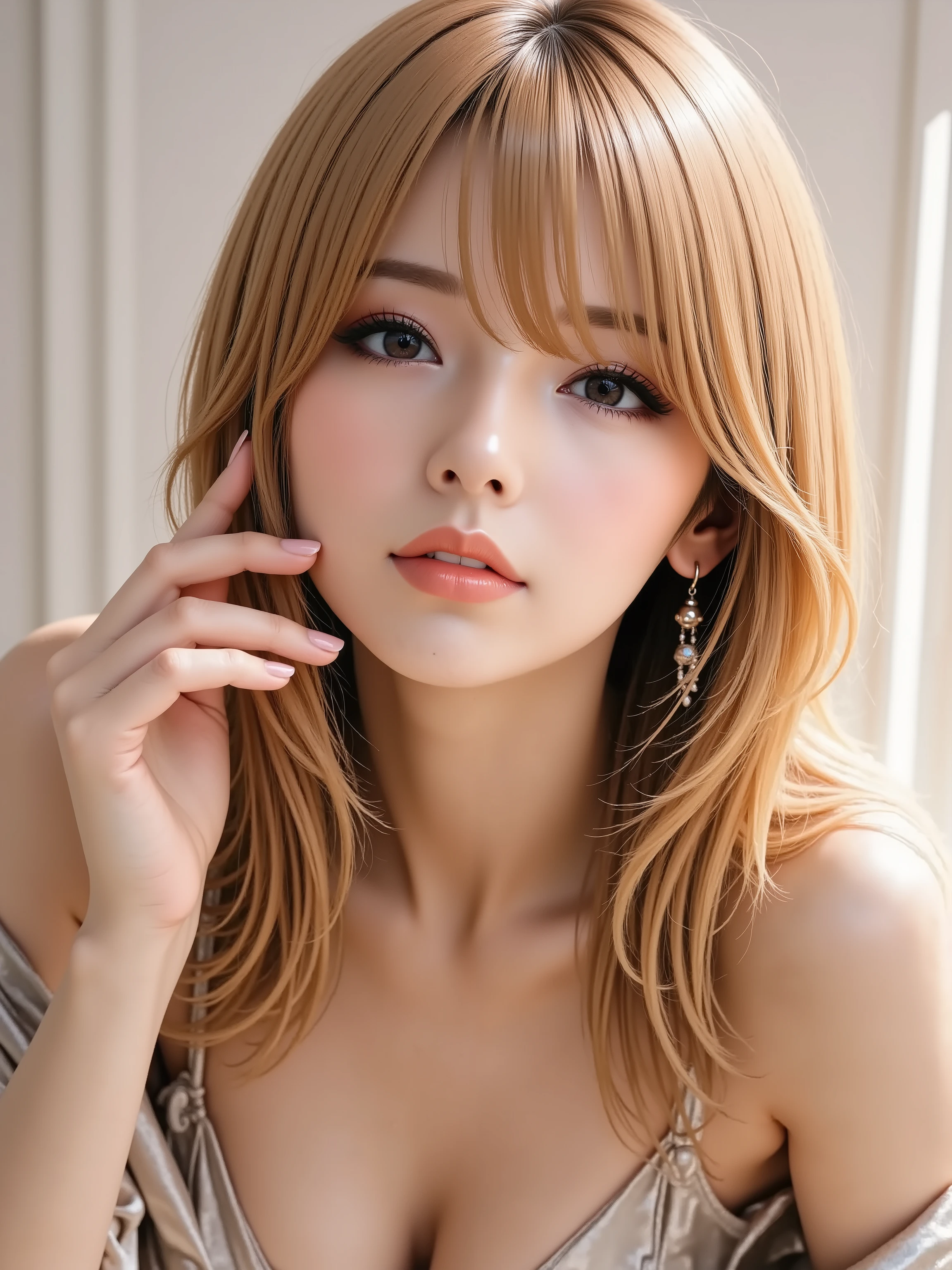 An enchanting solo woman in her 30s, depicted in a sophisticated realistic style. She has lustrous, long golden-blonde hair flowing elegantly with bangs. She wears alluring, refined makeup with defined eyes and glossy nude-pink lips. She has natural and correct anatomy, ensuring exactly five fingers on each perfectly rendered hand, all beautifully manicured. She is dressed in a luxurious, off-shoulder silk top that subtly reveals her collarbones. She makes an alluring hand gesture, her manicured fingers delicately tracing or running through a strand of her long blonde hair near her face. She looks directly at the viewer with a confident, mesmerizing gaze and profound mature charm. Shot at eye-level, chest-up portrait.